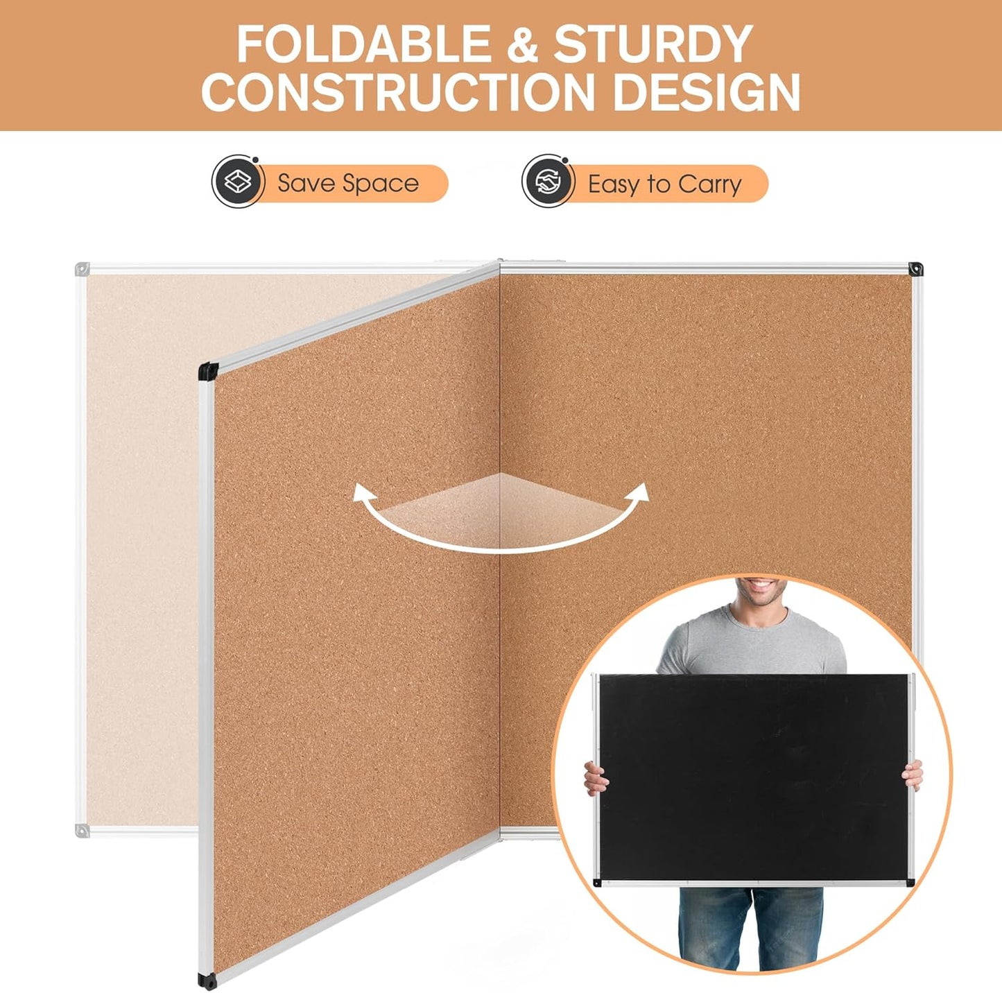 Board2by Extra Large Cork Bulletin Board 60" X 36", Foldable Notice Pin Board for Wall, Silver Aluminum Framed 5'x3' Corkboard, Wall Mounted Noticeboard with 36 Push Pins for School, Home & Office
