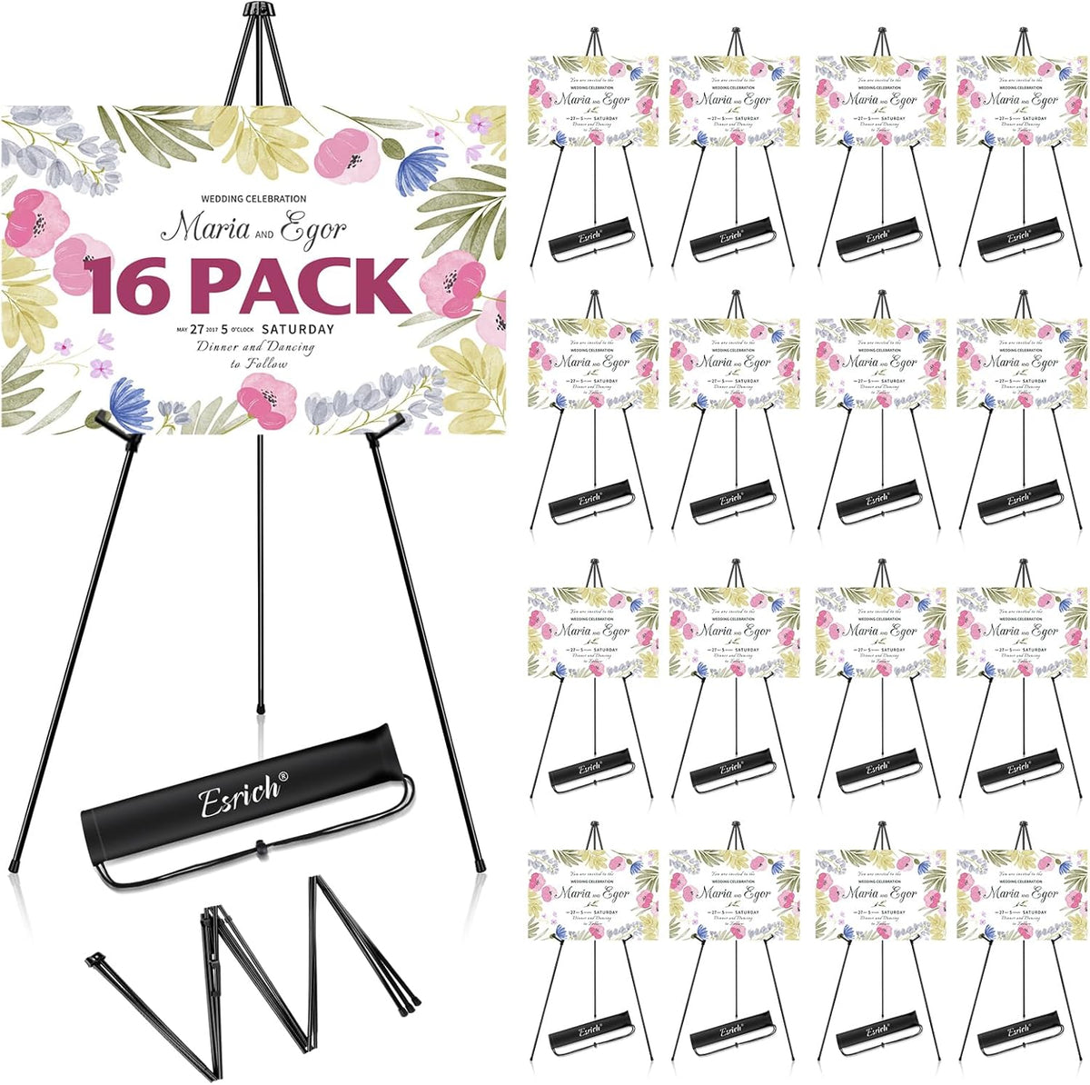 ESRICH 63" Display Easel Stand for Wedding Sign, Portable Foldable Metal Easel, Lightweight Metal Easels for Signs Wedding Logos,Arts, Painting,Adjustable Floor Easels with Storage Bag (16Pack)