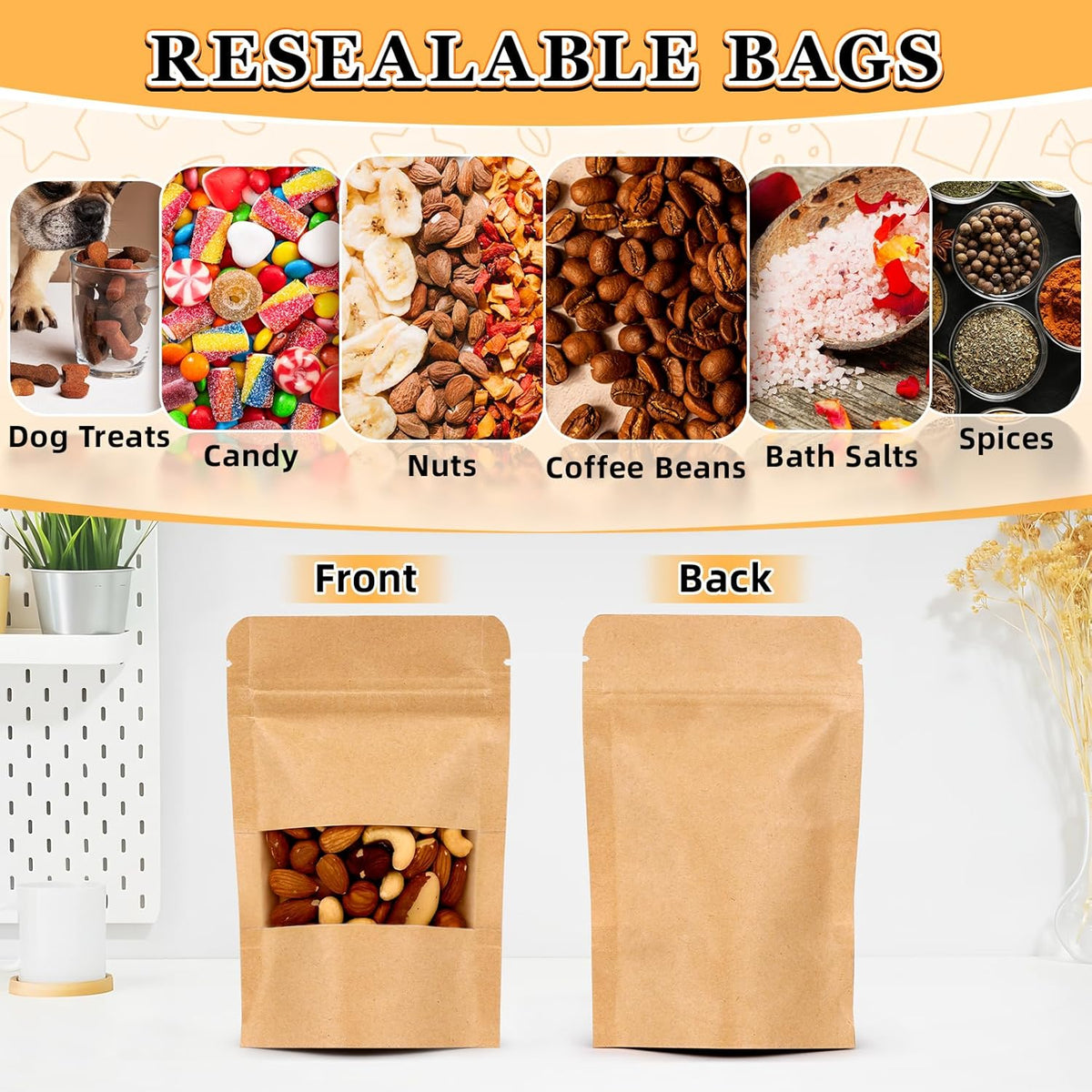 Smell Proof Bag, 100 Pack Mylar Bags for Small Business, Food Storage Bags with Window, Dog Treat Bag, Bakery Bags, Candy Packaging, Resealable Paper Stand Up Pouch (7.9"x11.8")