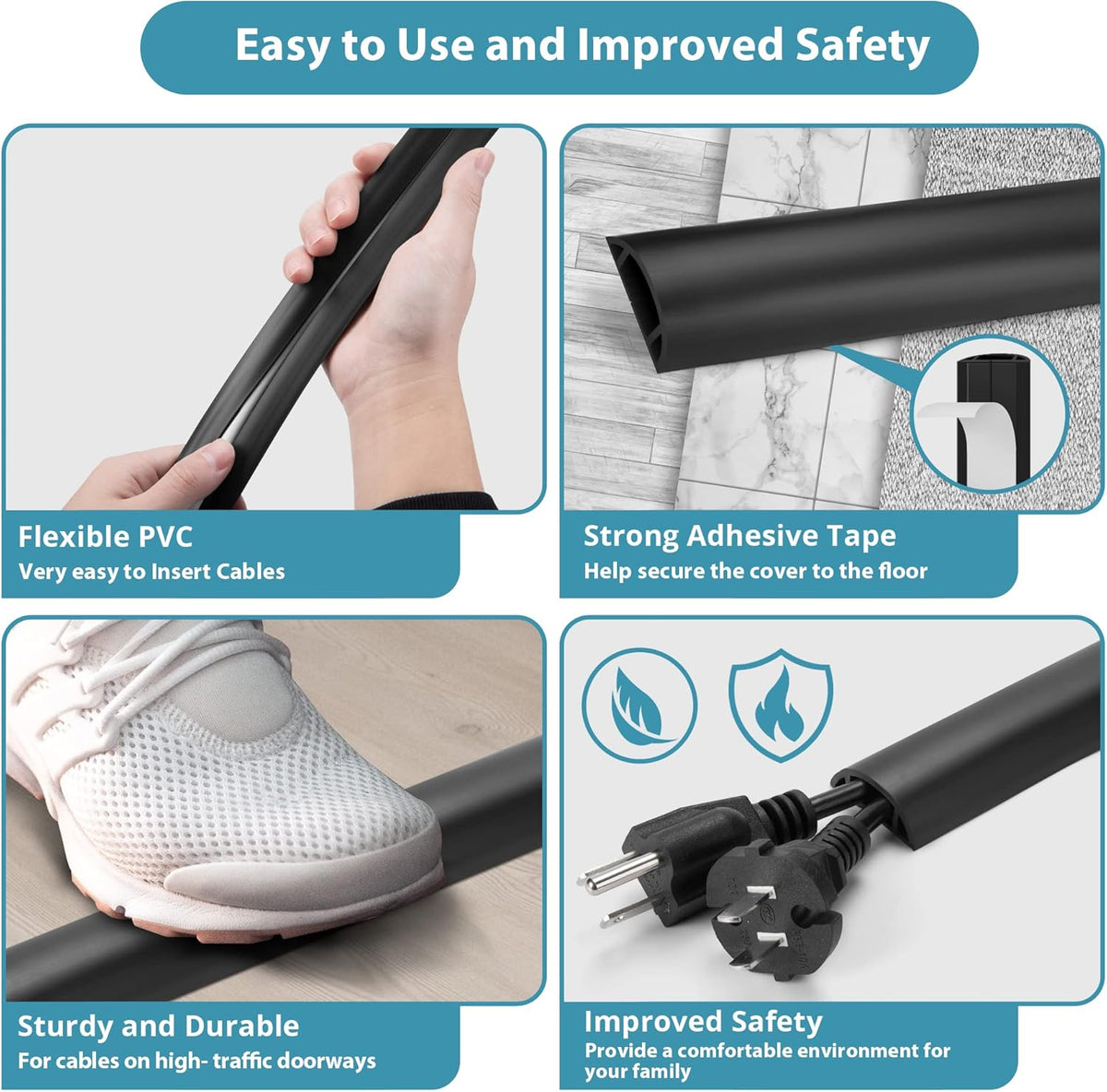 Floor Cable Cover 3ft Black, LZEOY Cord Covers for Wires on Floor, Cord Hider Floor Cable Management, Extension Cord Floor Cover Low Profile, Floor Cord Cover for Office/Carpet/Floor