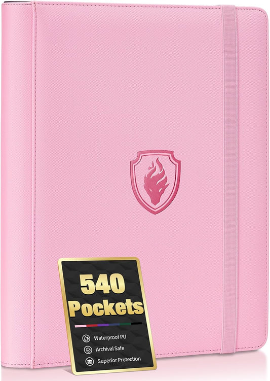 Premium 9 Pocket Card Binder for 540 Cards, Fabmaker PU Cover Trading Card Binder, Sturdy Card Collection Album, Sleek Card Holder Folders for YuGiOh, MTG, TCG, Game Cards & Sports Cards, Pink