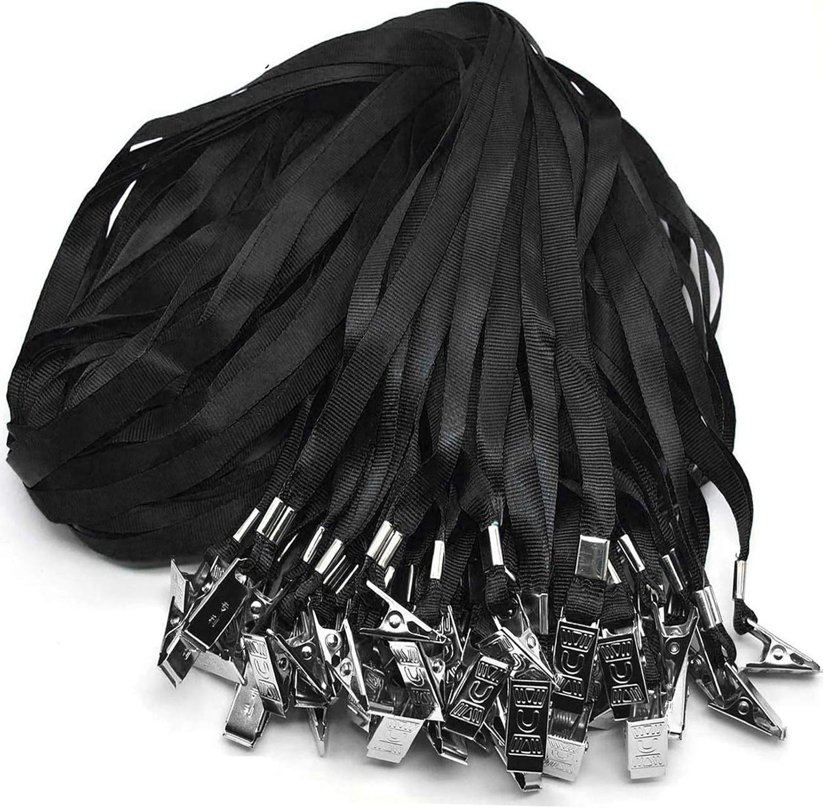 Beebel Black Lanyards 100 Pack Nylon Flat Badge Lanyard Bulldog Clip for Id Badge Name Tags