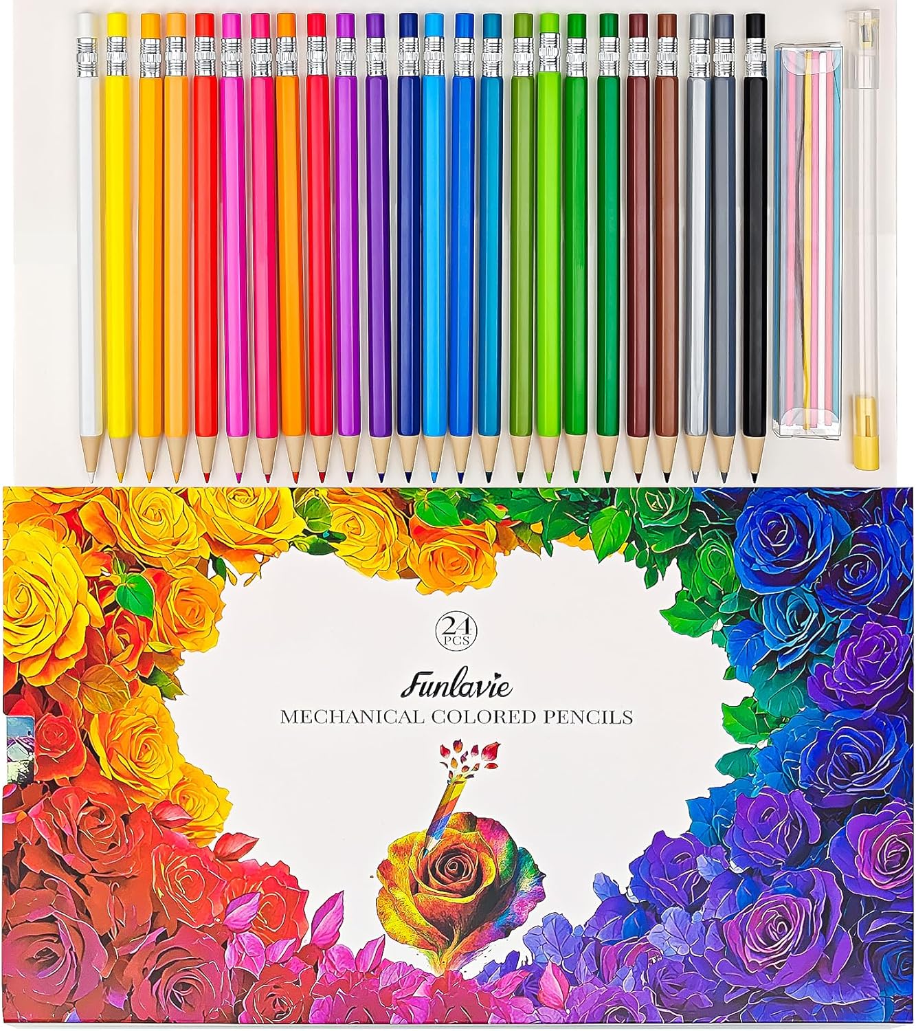 24 Mechanical Colored Pencils with 24 Lead Refills for Adult Coloring Books, 2.6mm Oil-Based Soft Core Drawing Pencils, Vividly Brilliant Colors for Art & Sketching, with Sharpener