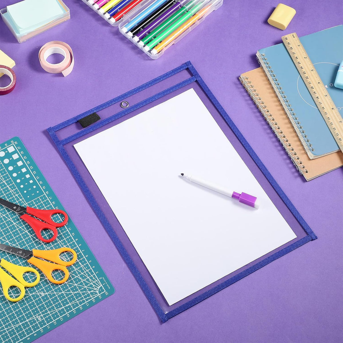 Nezyo Dry Erase Pockets Plastic Job Ticket Holders Shop Holder Order Pockets Clear Sleeves Tickets Folders Plastic Sleeves Paper Teacher Supplies for Classroom (14 x 10 in,Blue,12 Pcs)