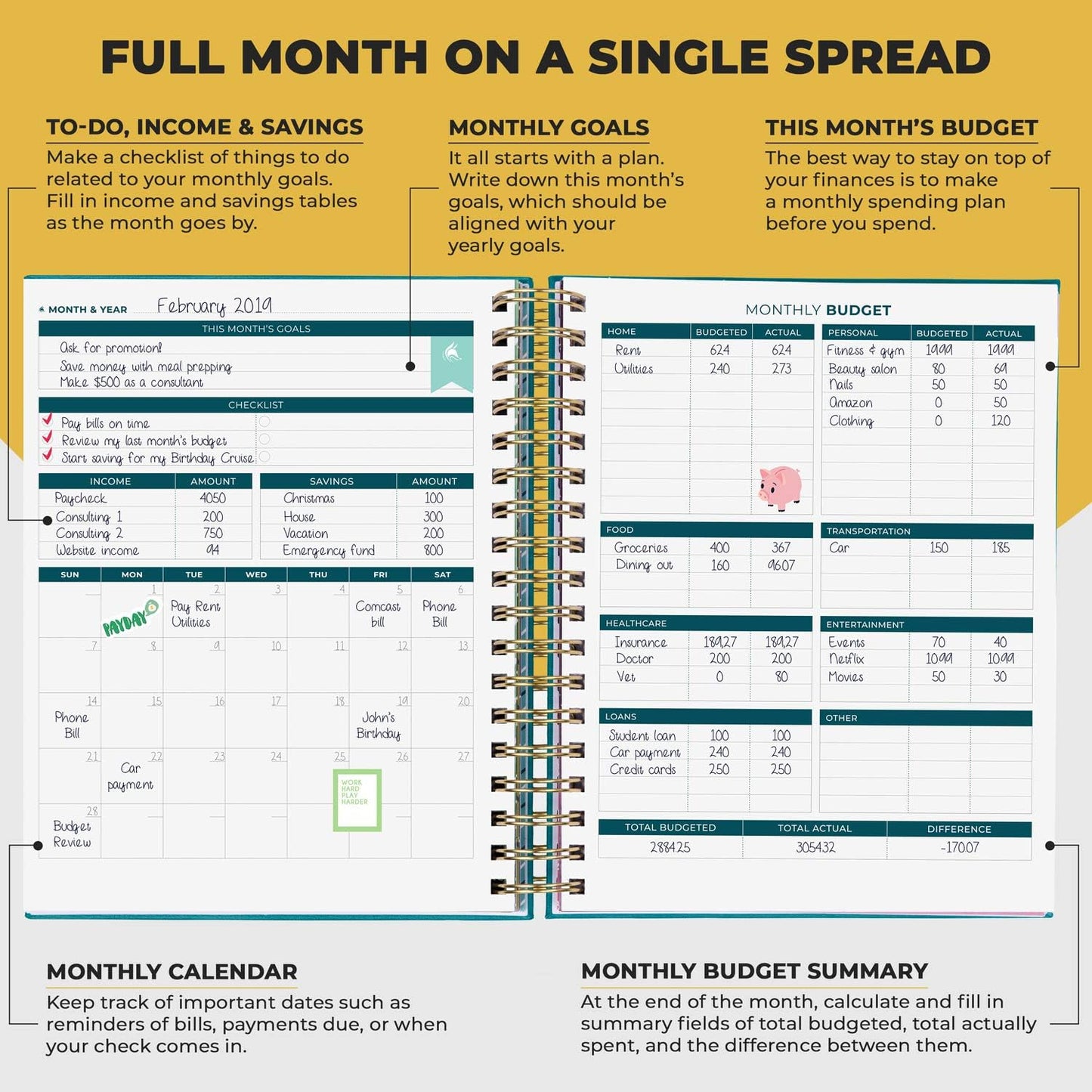 Clever Fox Budget Planner & Monthly Bill Organizer With Pockets. Expense Tracker, Budgeting Journal & Financial Book. Large, 8x9.5" (Dark Teal)