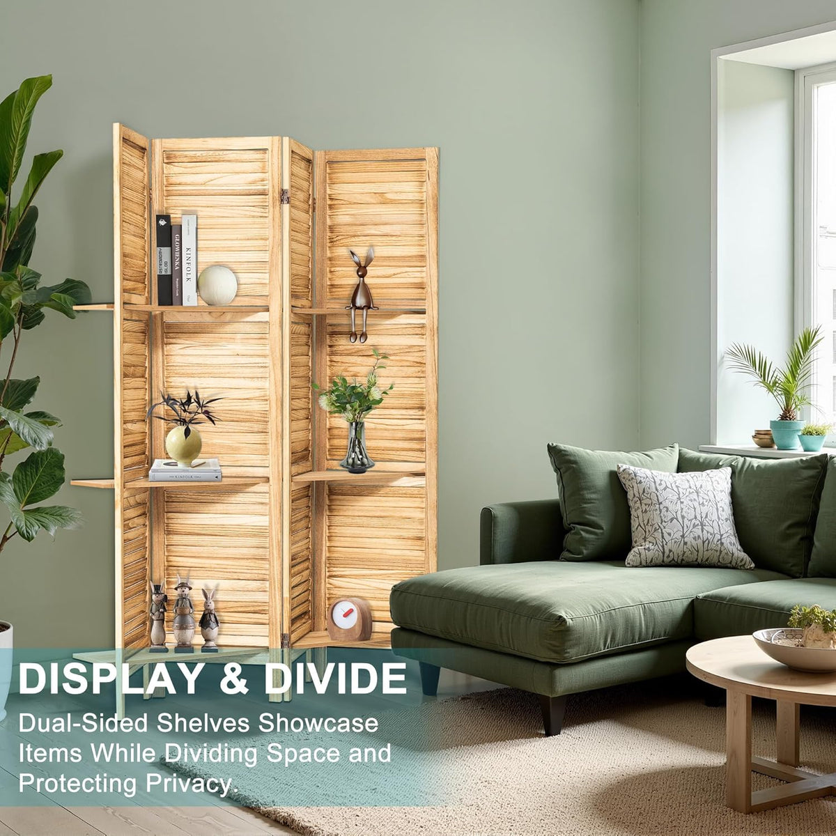 4 Panel Room Divider with Shelves, 5.6FT Folding Room Divider Screen, Free Assembled Freestanding Partition for Home Office Bedroom, Wood