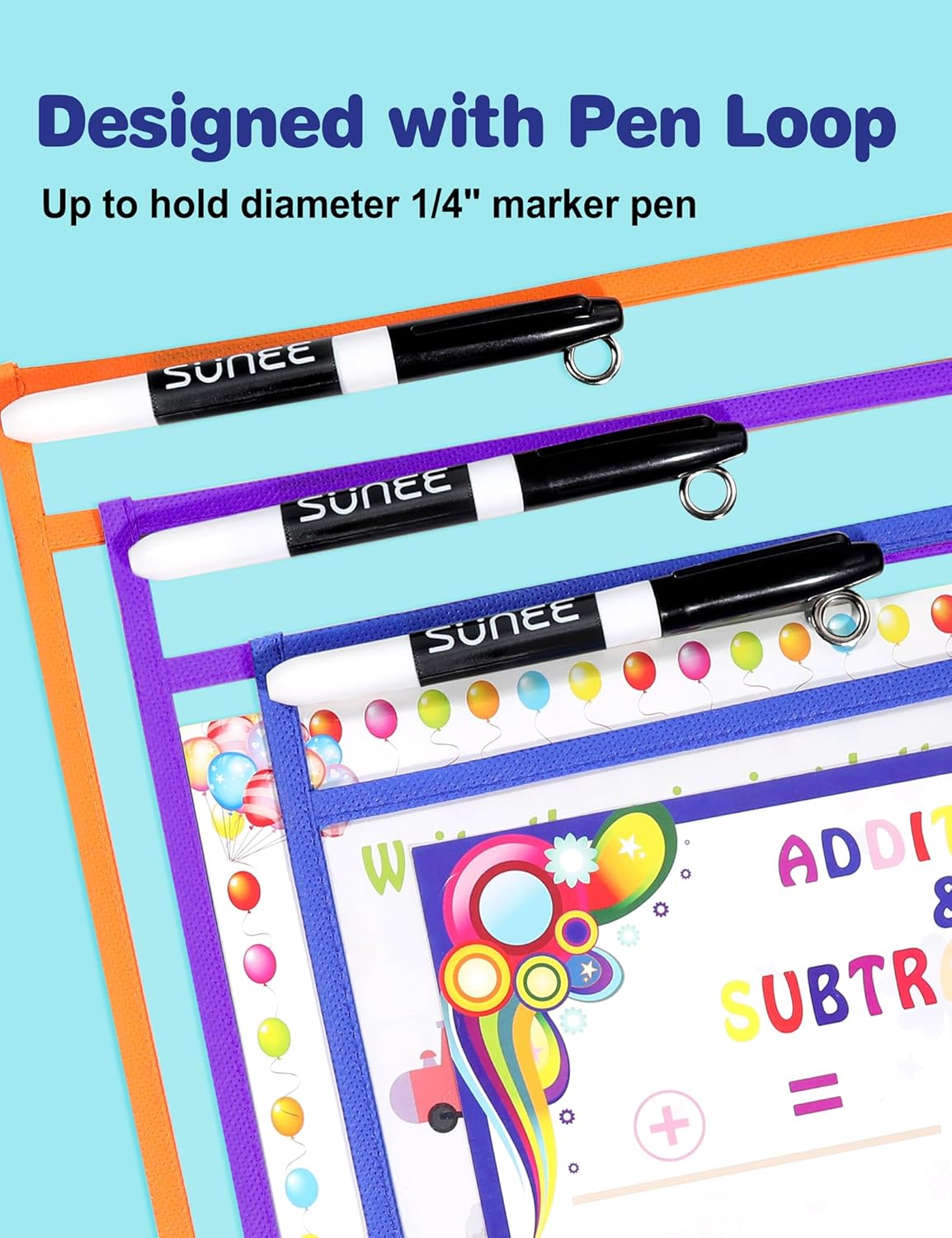 SUNEE 50 Packs Oversized Reusable Dry Erase Pocket Sleeves with 3 Rings, 10 Assorted Colors 10x14 Ticket Holders, Clear Plastic Sheet Protectors, Teacher School Classroom Supplies