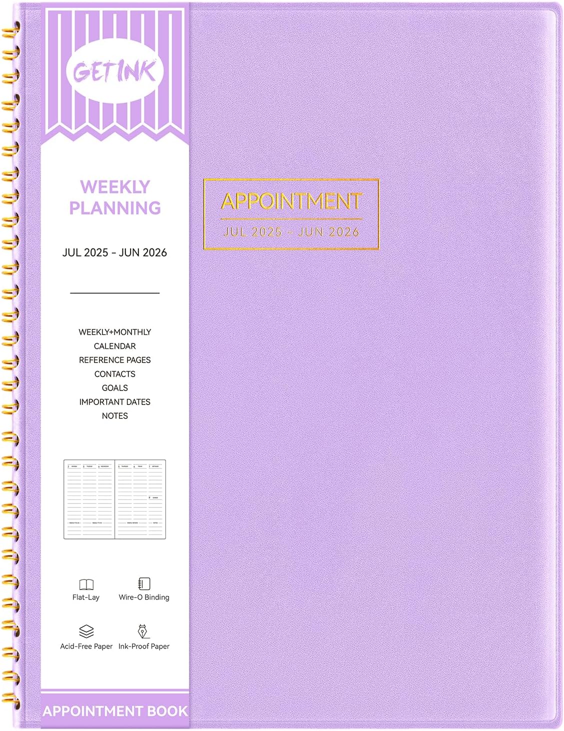 GETINK Appointment Book 2025-2026 Weekly Daily Hourly Planner 8.5"x11" Spiral Bound, Jul. 2025 - Jun. 2026, Laredule Appointment Planner 2025 with 15-Minute Increments, Flexible Cover, Purple