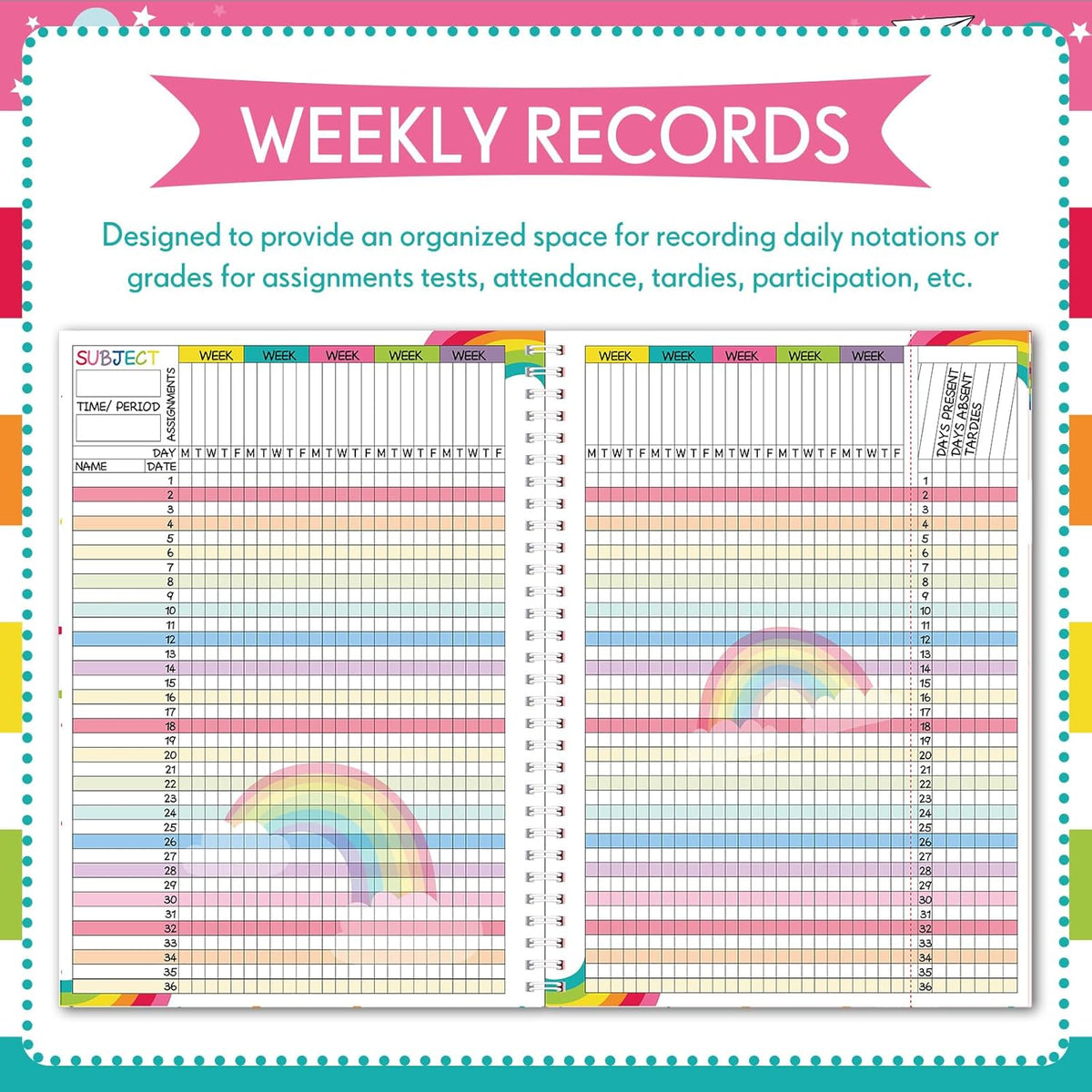 Teacher Record Book Teacher Grade Books 2025-2026 Spiral Bound Record Class Grade Book Office Favors Gift for Classroom Attendance Supplies Decoration Double Sided(Color Rainbow)