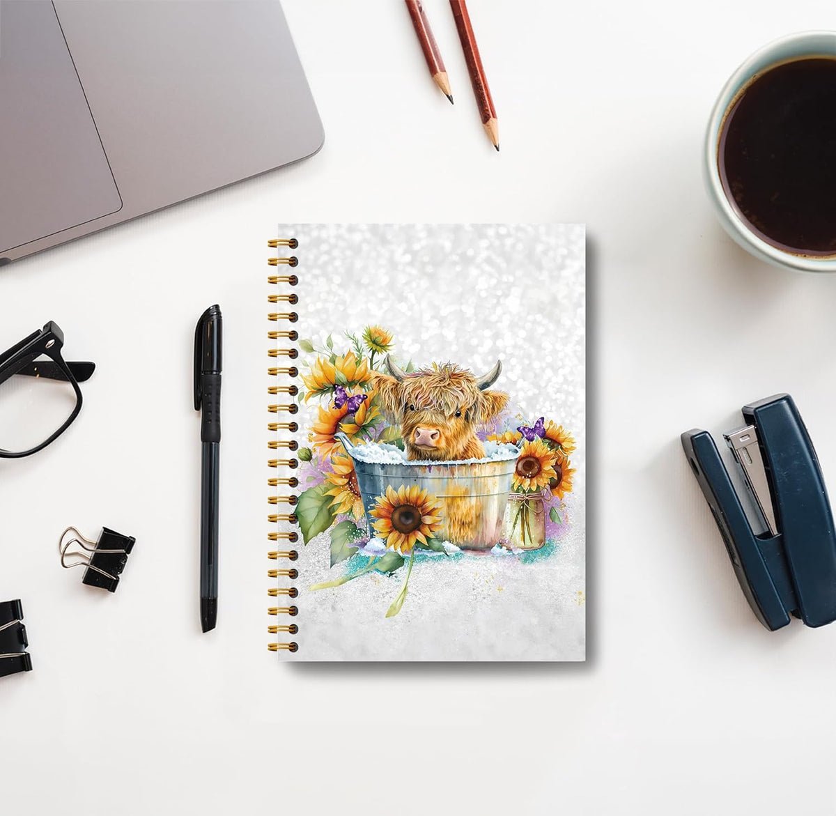 Highland Cow Notebook Journal - Sunflower Notebook, Summer Sunflower Journal Notebook 5.5×8.3, Highland Cow Gifts, Cow Gifts for Women, 164 Pages
