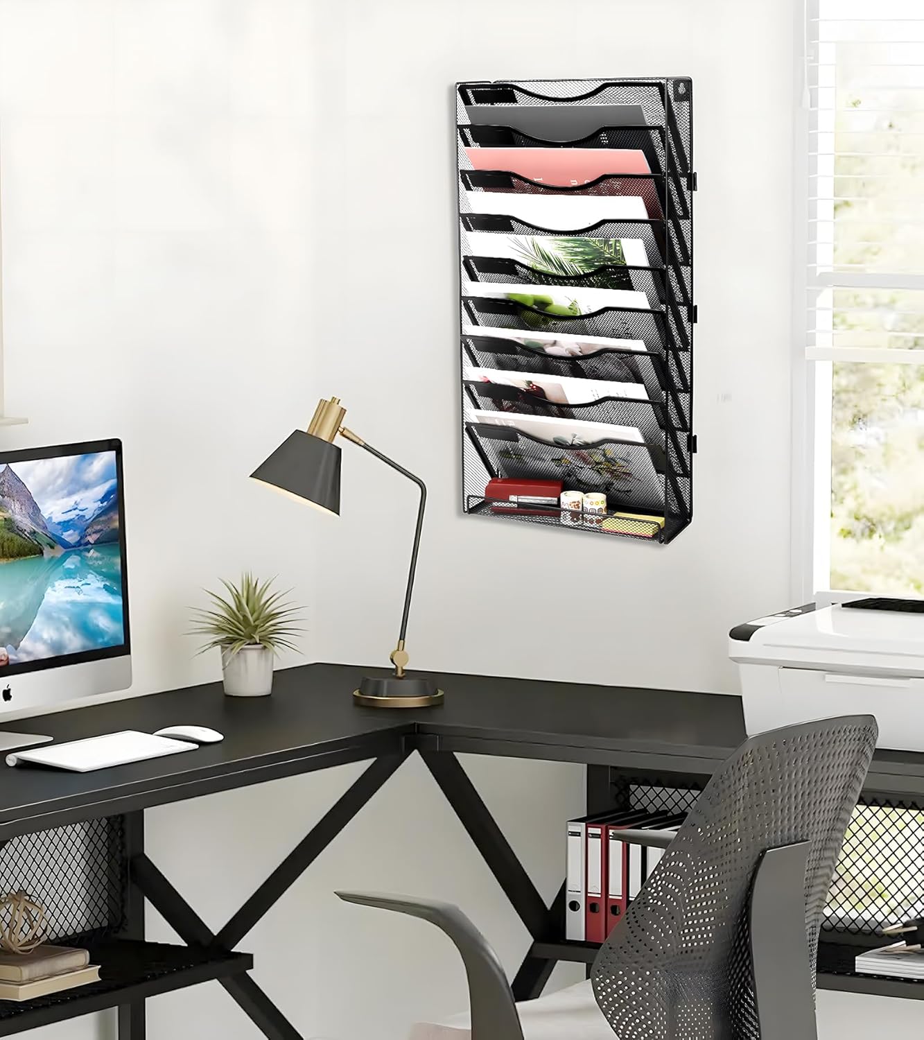 EasyPAG Wall File Holder Organizer 10 Tier Mesh Hanging Wall Mounted Document Paper Folder Filing Magazine Rack with Nametag Label for Office Home School, Black