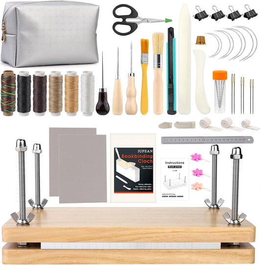 JUPEAN 45 Pcs Book Binding Kits Bookbinding Kit Book Press 7.9”x11.6” with Books Binding Materials Bone Folder Tool Webbing Strap and Storage Bag for Bindings and Repair