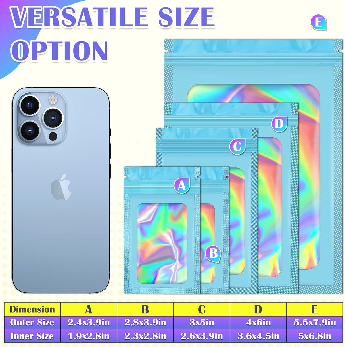 300 Pcs Mylar Bags, Smell Proof Bags Foil Pouch, Holographic Resealable Bags for Small Business, Candy Sample Jewelry Bag Sealable Packaging for Party Favor Food Storage (2.4x3.9in-Blue)