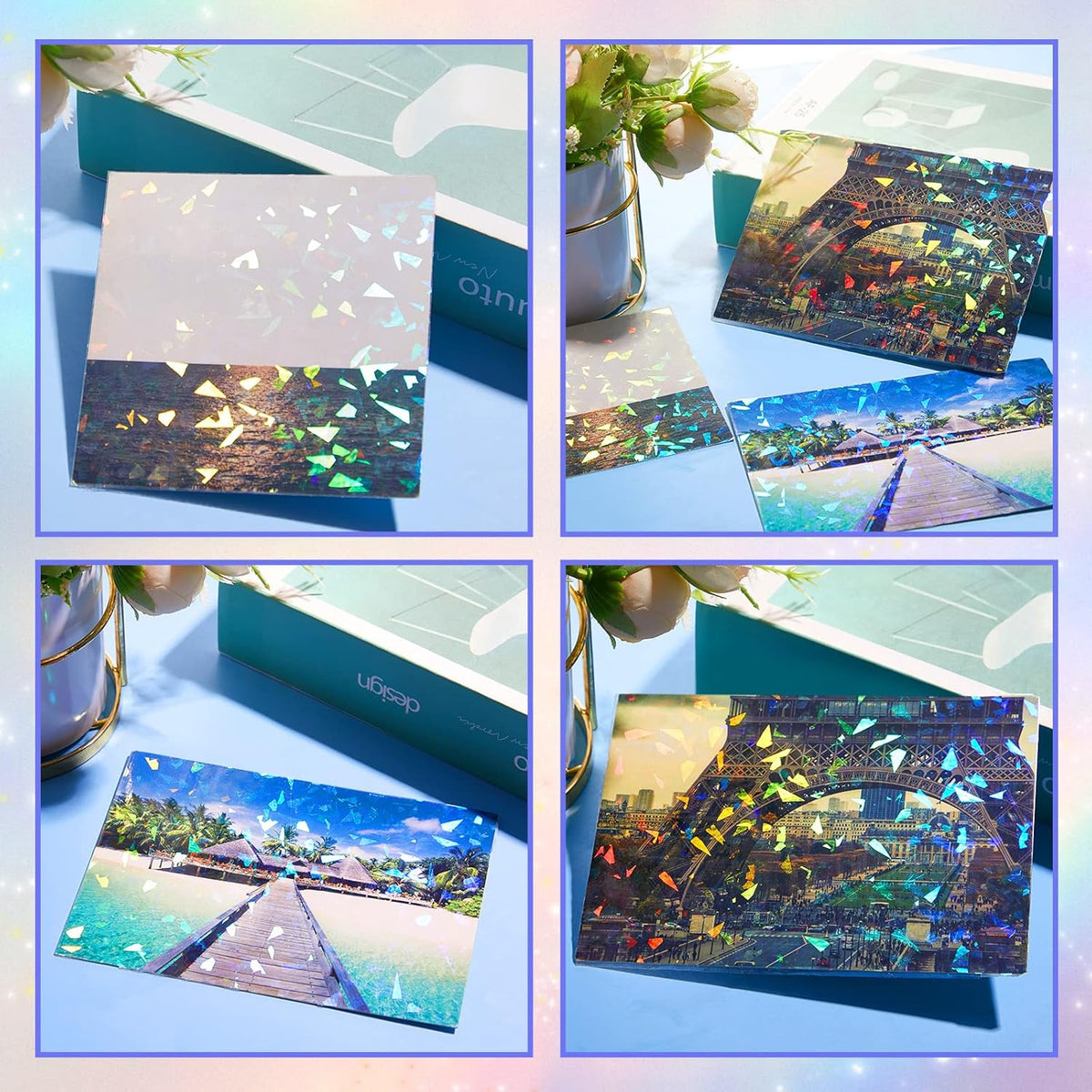 Nezyo 60 Sheets Holographic Laminate Sheets Clear Glitter A4 Size Vinyl Sticker Paper Holographic Overlay Self Adhesive Waterproof Transparent Film, 11.7 x 8.3 Inch (Broken Grass)