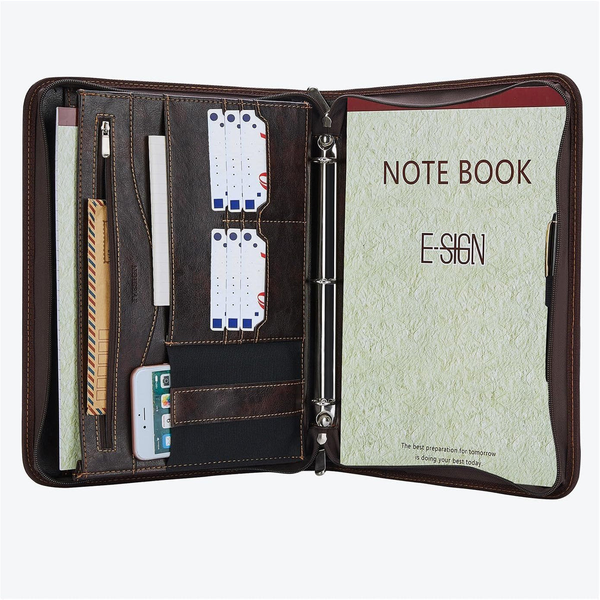 IVESIGN Zippered Padfolio Binder, Faux Leather Organizer with 3-Ring Binder, Left-Handed Design, Business Card Slots & Document Folders - Professional Padfolio for Office (Dark Brown)
