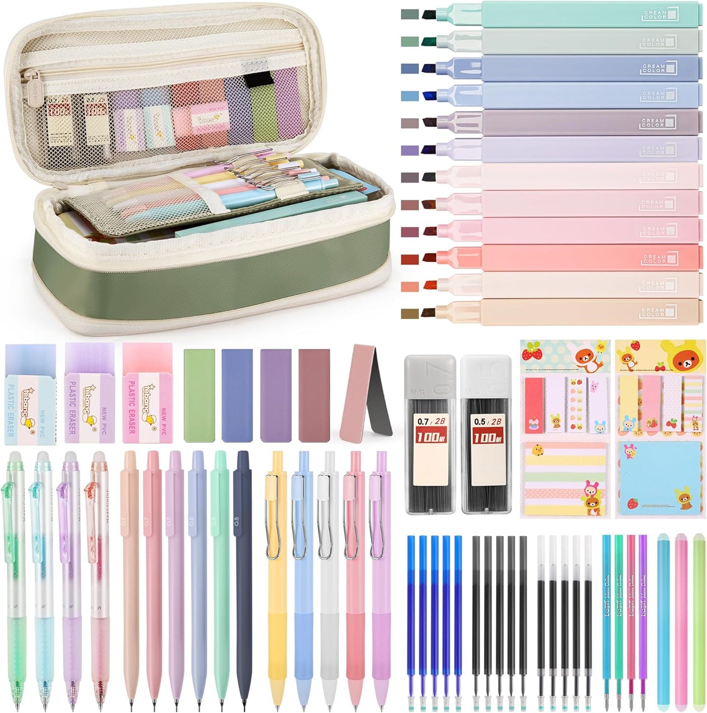 DazSirit 62 PCS Aesthetic School Supplies with Foldable Pencil Case, 12 Pastel Highlighters, 4 Erasable Pens, 5 Gel Pens, 6 Mechanical Pencils, Sticky Notes, Complete Stationery Kit for Teens, Green