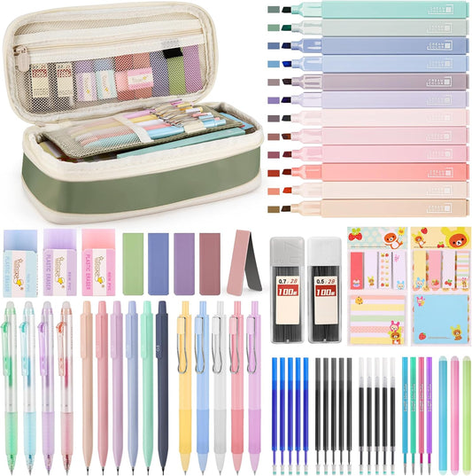 DazSirit 62 PCS Aesthetic School Supplies with Foldable Pencil Case, 12 Pastel Highlighters, 4 Erasable Pens, 5 Gel Pens, 6 Mechanical Pencils, Sticky Notes, Complete Stationery Kit for Teens, Green