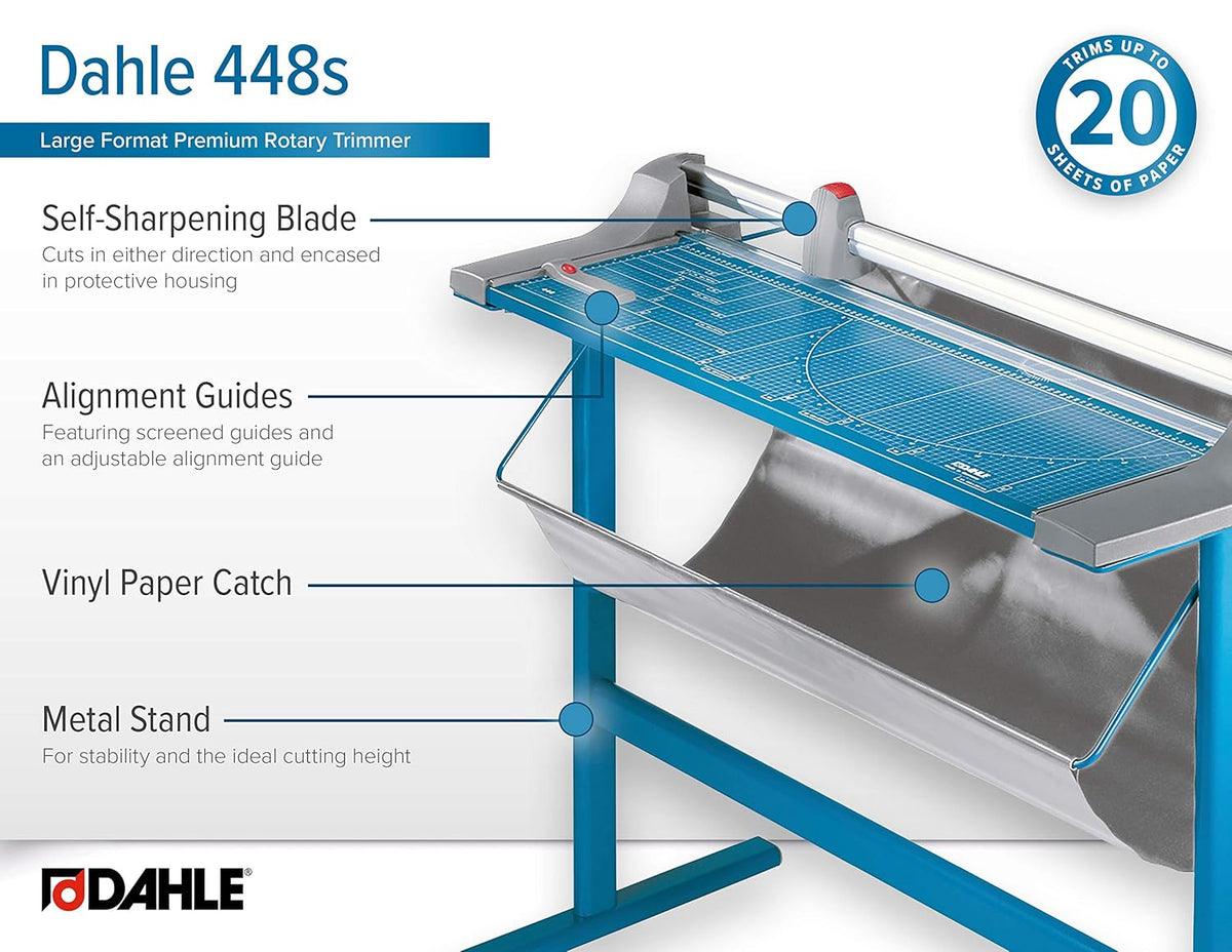 Dahle 448s Premium Rotary Trimmer w/Stand, 51" Cut Length, 20 Sheet Capacity, Self-Sharpening, Automatic Clamp, German Engineered Paper Cutter