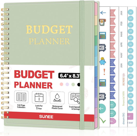 SUNEE Budget Planner - Monthly Budget Book with Expense Tracker Notebook, Undated 12 Month Bill Organizer & Finance Planner to Manage Your Money, A5(6.4" x 8.3") Account Book with Colorful Tab, Green