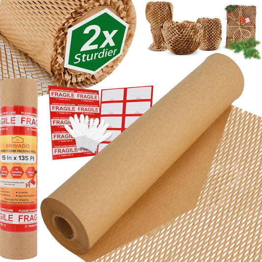 Honeycomb Packing Paper 15"x135' Roll with Gloves, Fragile & Labeling Stickers - Alternate for Bubble Cushioning Wrap for Moving Packaging Shipping, Products Moving Supplies Protective Paper