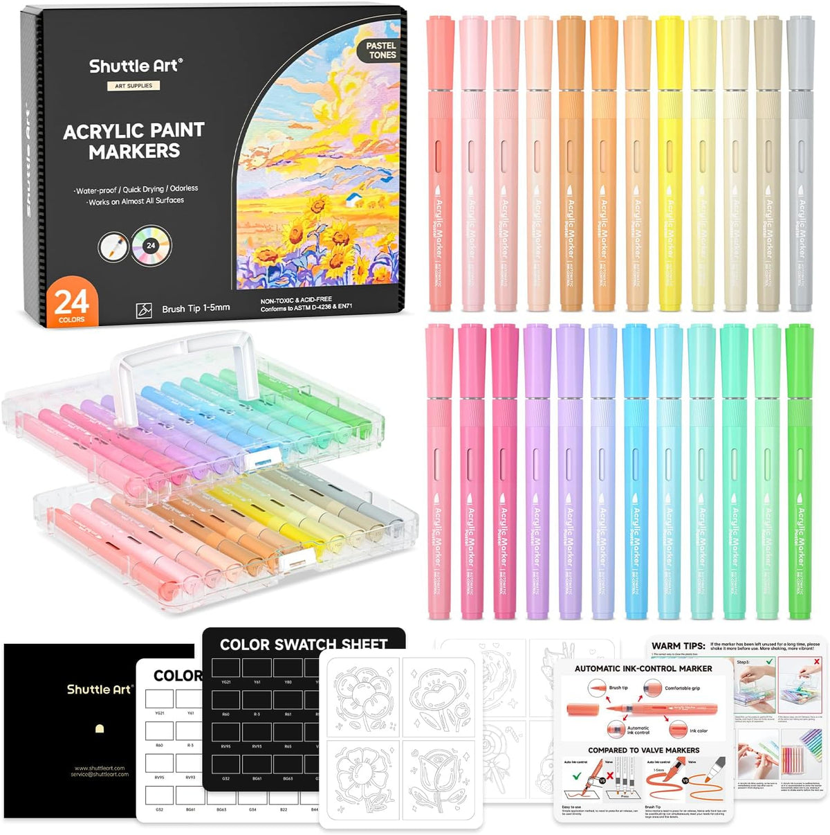 Shuttle Art Automatic Ink Control Acrylic Paint Markers, 24 Pastel Colors Brush Tip Acrylic Paint Pens for Rock Painting, Ceramic, Wood, Canvas, Glass, Stone, Fabric, Card Making, DIY & Art Supplies