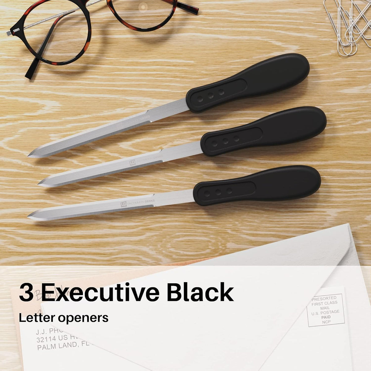 Uncommon Desks Office Letter Opener - Stainless Steel Knife-Edge Blade, Ergonomic Grip Handle (Black, 3 Pieces)