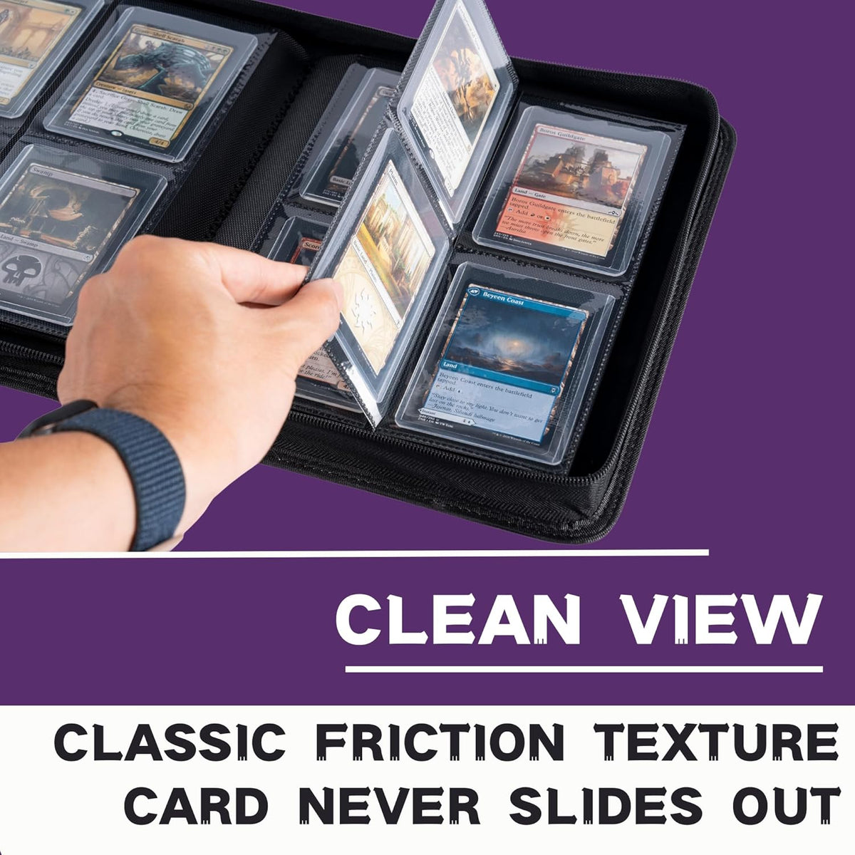 Toploader Binder, Holds 128+ Toploaders, 4 Pocket Top Loader Card Storage Case, Double-Sided Pockets for trading card in 3 x 4'' Toploaders (Pueple)