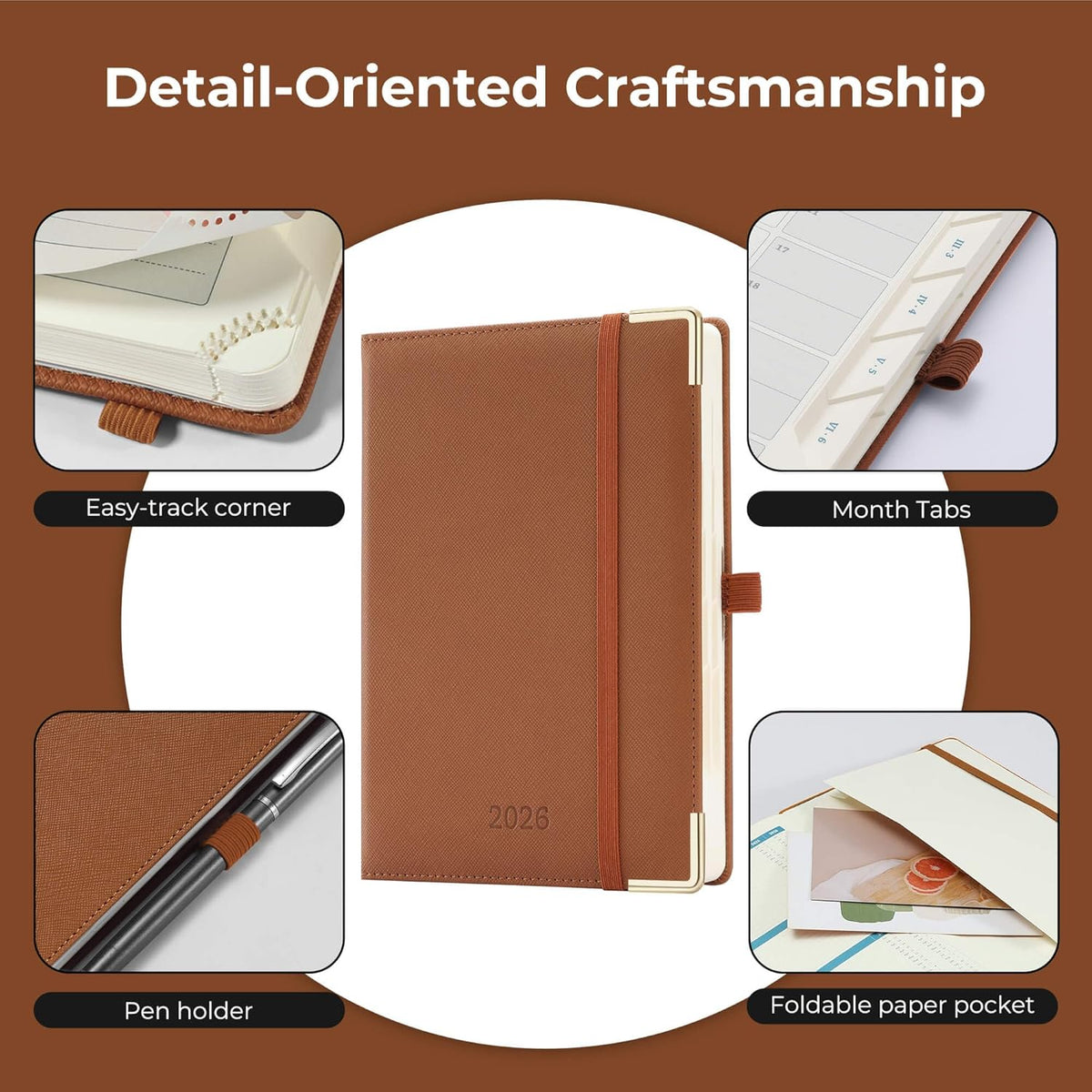 Daily Planner 2026 with One Page Per Day,(A5-8.5" x 5.9"),12 Months Calendar Hourly Appointment Book Monthly Tabs & Self-adhesive Pen Holder,Inner Pocket, Vegan Leather Hardback,Brown