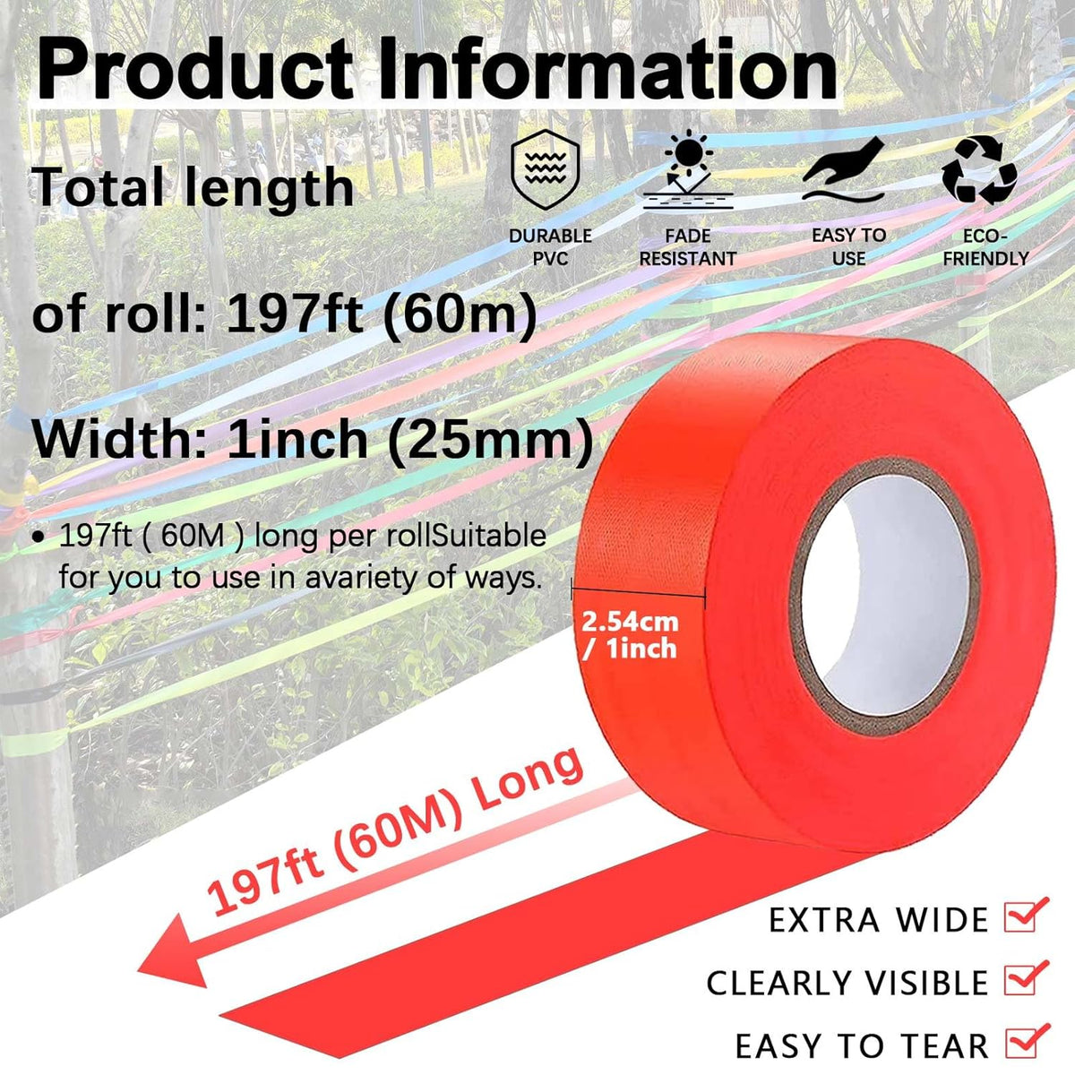 4 Pack Orange-Red Flagging Tape, Non-Adhesive Plastic Ribbon Neon Marking Roll, 1"*800ft, Marking Tape for Tree Marking, Hunting, Boundaries and Hazardous Areas,Trail Marking