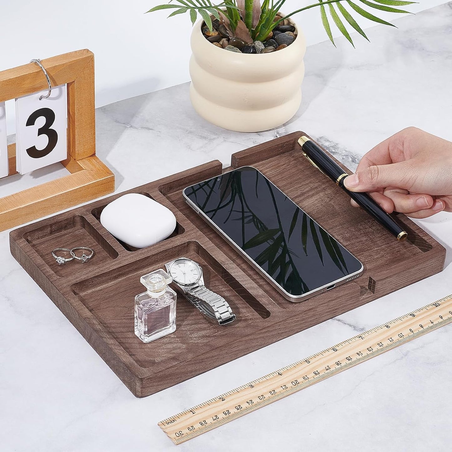 Wood Valet Tray for Men Women, Walnut Nightstand Organizer with Charging Station, Desk Drawer Organizer Tray Office Supplies, Desk Trays for Phone Watch Wallet Key Jewelry Catchall Trays