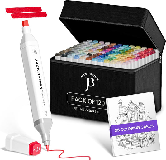 JACK BROWN 120 Colors Alcohol Markers Set with Fine & Chisel Dual Tip - Professional Art Markers for Adults & Kids, Perfect for Drawing, Sketching, Coloring & Animation - Includes Durable Marker Case