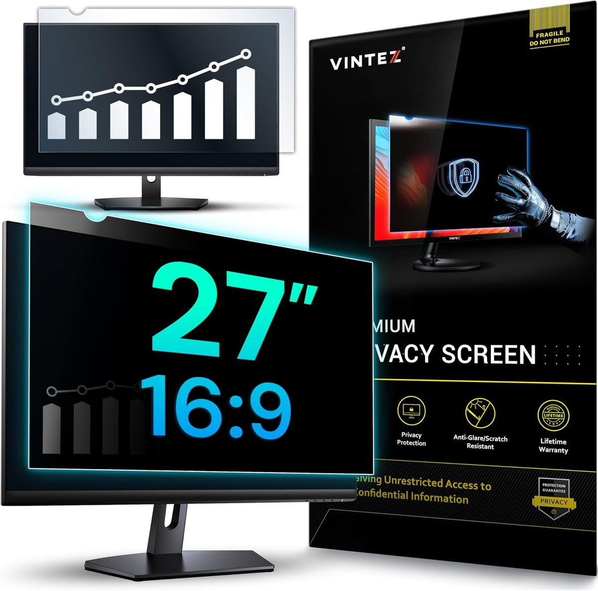 VINTEZ 27 Inch 16:9 Privacy Screen for Computer Monitor and Laptop - Anti Glare Protector Film Blue Light Filter Eye Protection - Computer Screen Privacy Shield, [1 Pack]
