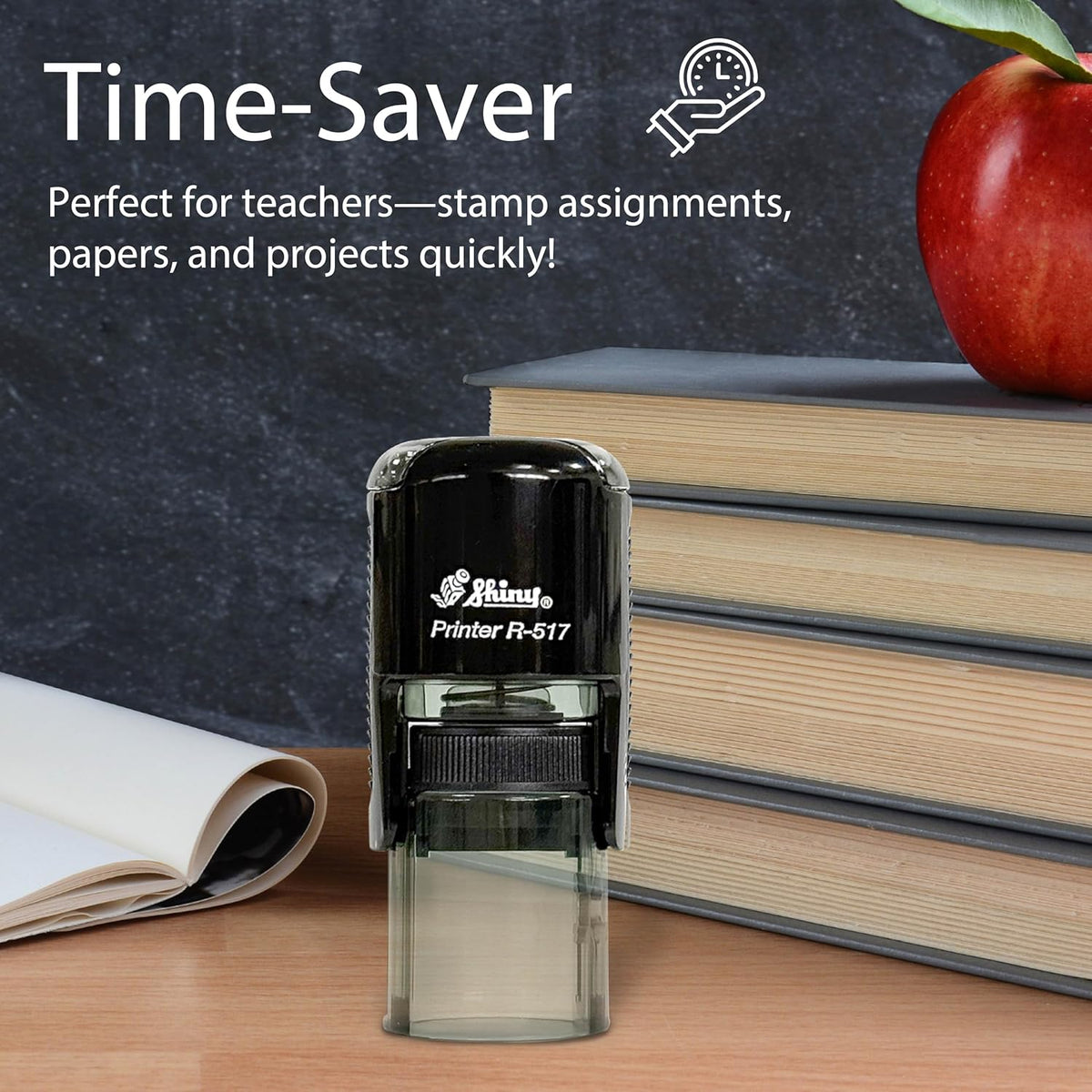 Shiny Cool Apple Teacher Stamp, Round Self Inking Stamp for Classroom, Red Ink