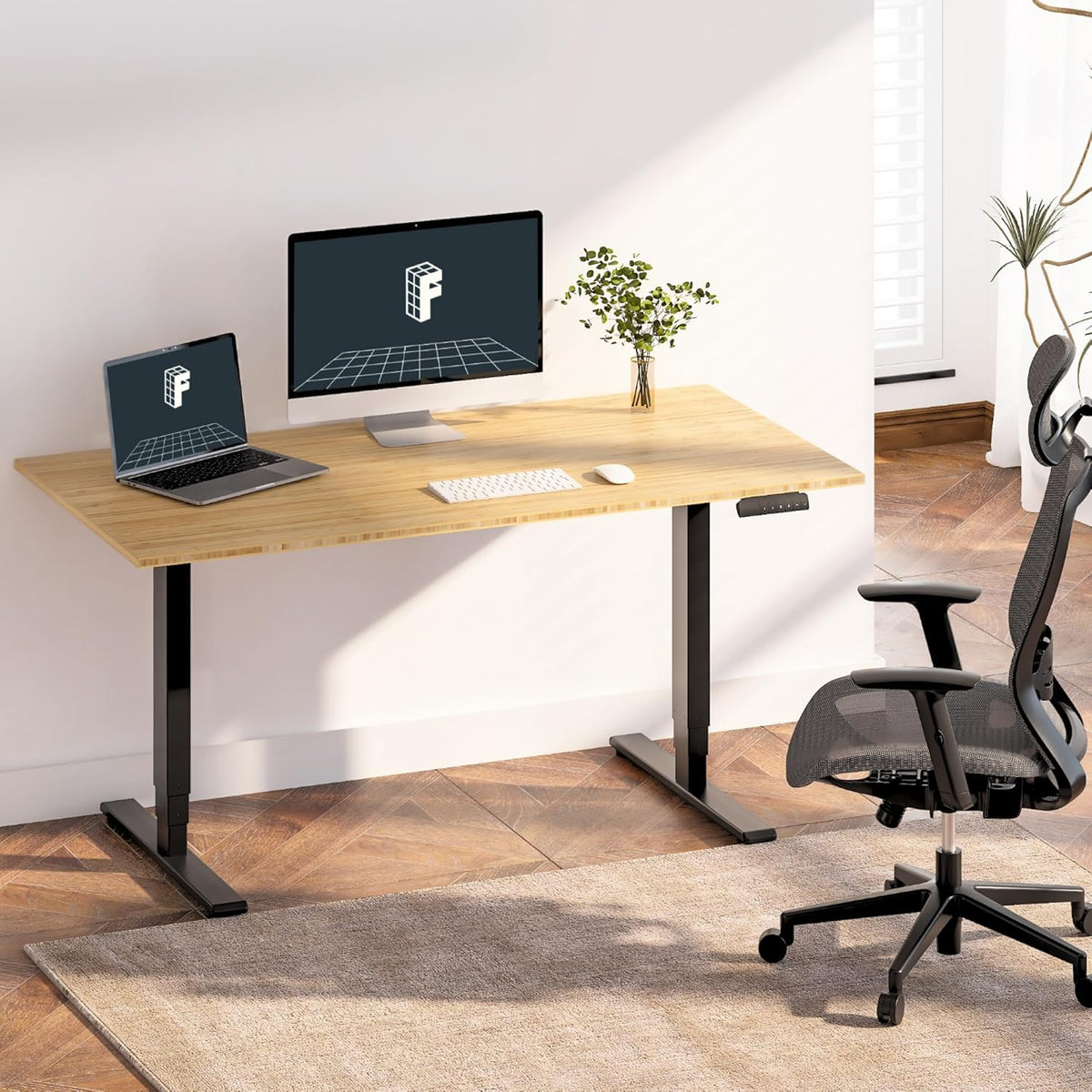 FLEXISPOT E6 Essential Bamboo 3 Stages Dual Motor 60x30 Inch Electric Height Adjustable Standing Whole-Piece Board Desk Sit Stand Up Desk (Black Frame + Bamboo Desktop)