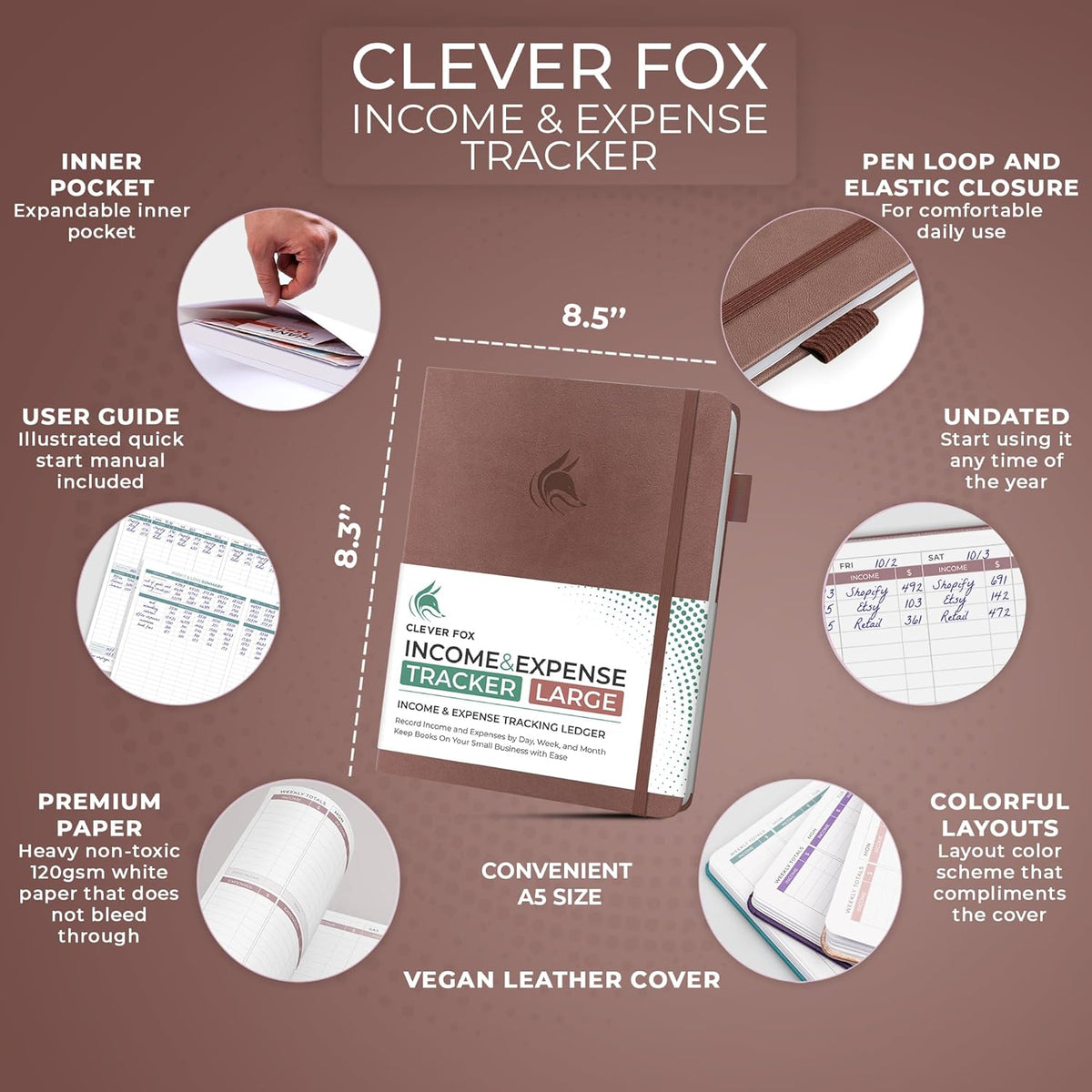 Clever Fox Income & Expense Tracker Large – Accounting & Bookkeeping Ledger Book for Small Business – 2-Year Record Notebook, A4 (Dark Terracotta)