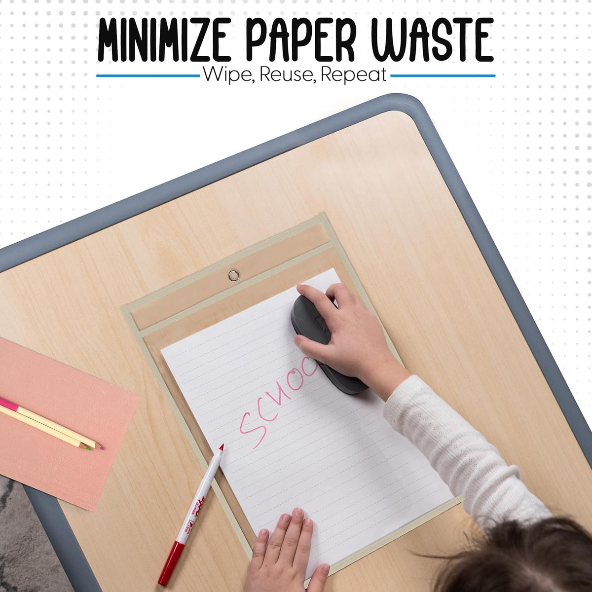 Essex Wares - 6 Pack, Beige, Durable Water-Resistant Dry Erase Pocket Document Protectors, 10" Wide x 13.5" Tall - Dry Erase Clear Plastic Sleeves - Reusable & Easy Erase Plastic Invoice Holders