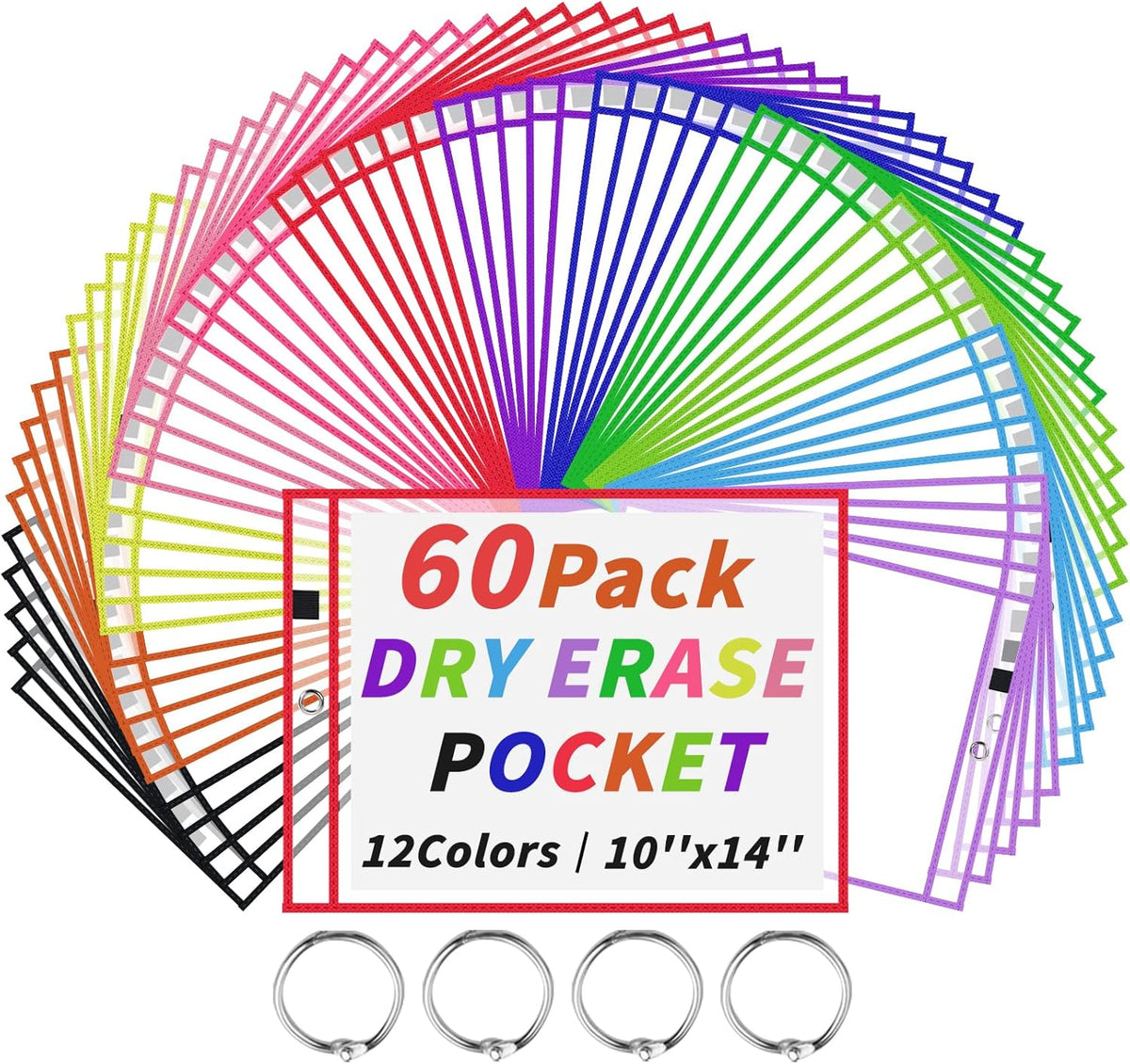 60 Packs Dry-Erase Pockets Bulk Oversized Reusable Dry Erase Pocket Sleeves with 4 Rings, 12 Assorted Colors 10x14 Ticket Holders, Clear Plastic Sheet Protectors, Teacher School Classroom Supplies