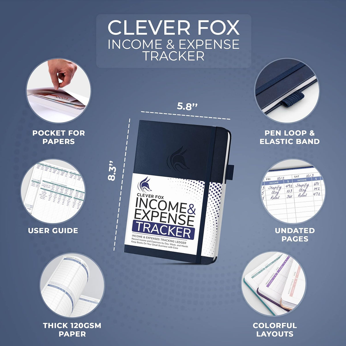 Clever Fox Income & Expense Tracker – Accounting & Bookkeeping Ledger Book for Small Business – 1-Year Record Notebook, A5 (Dark Blue)