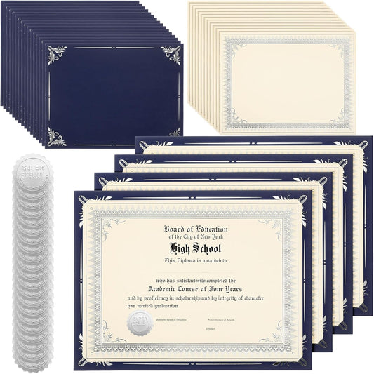 Fainne 50 Sets Certificate Kit Includes 50 Pcs 9.5 x 12 Inch Certificate Holders 50 Pcs Letter Size Papers 50 Pcs Foil Award Seals Diploma Covers for Appreciation(Navy Blue, Silver)