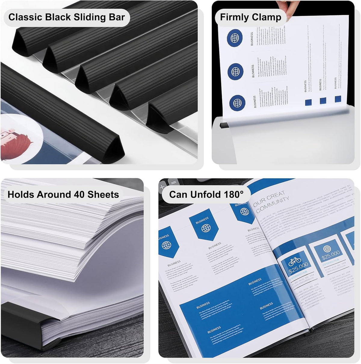JOERSH 20Pcs Clear Report Covers with Sliding Bar, 40 Sheet Capacity Plastic Binder Paper Protector, Report Folders with Clear Cover for Resume File Documents, Black