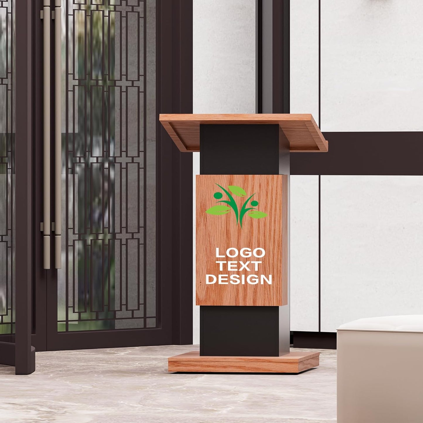 Customizable Logo & Text Podium Stand,Wood Lectern with Lockable Wheels,Church Pulpit with Storage,Mic Stand Space,Wooden Podium for Churches,Seminars and Schools (Brown)