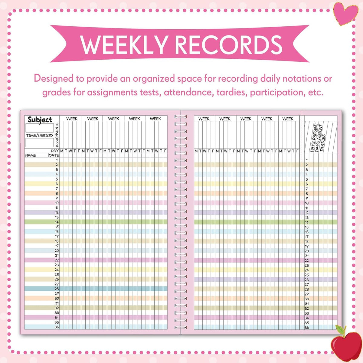 Fuyoooo Teacher Record Book Teacher Grade Books 2025-2026 Spiral Bound Record Class Grade Book Office Favors Gift for Classroom Attendance Supplies Decoration Double Sided(Pastel)