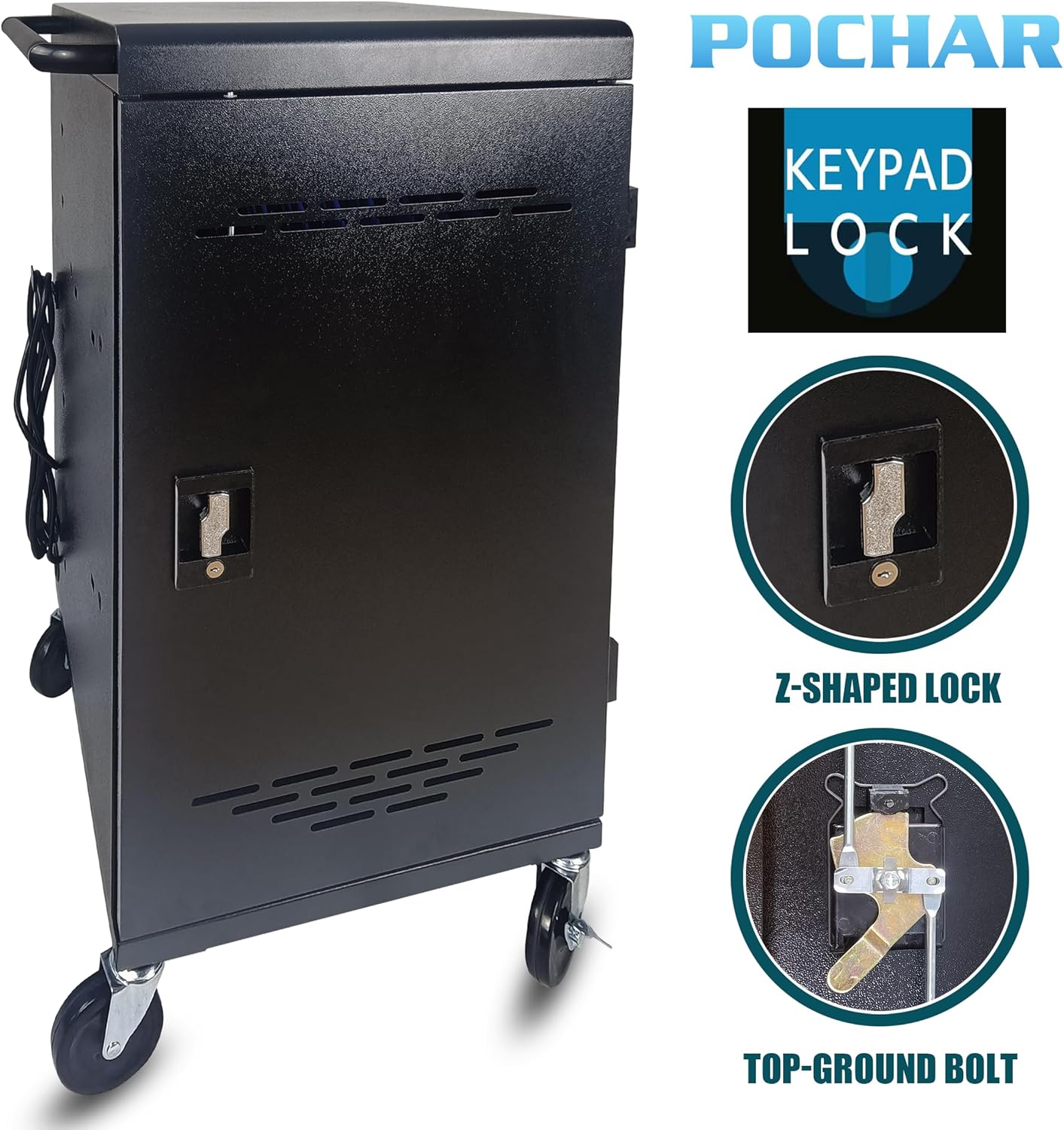 POCHAR 30 Unit Device Charging Station for Chromebook, iPad, 14'' Laptop - Charging Cart with Charger Cable Management, Circuit Breaker, Grounding Protection, Assembly Required