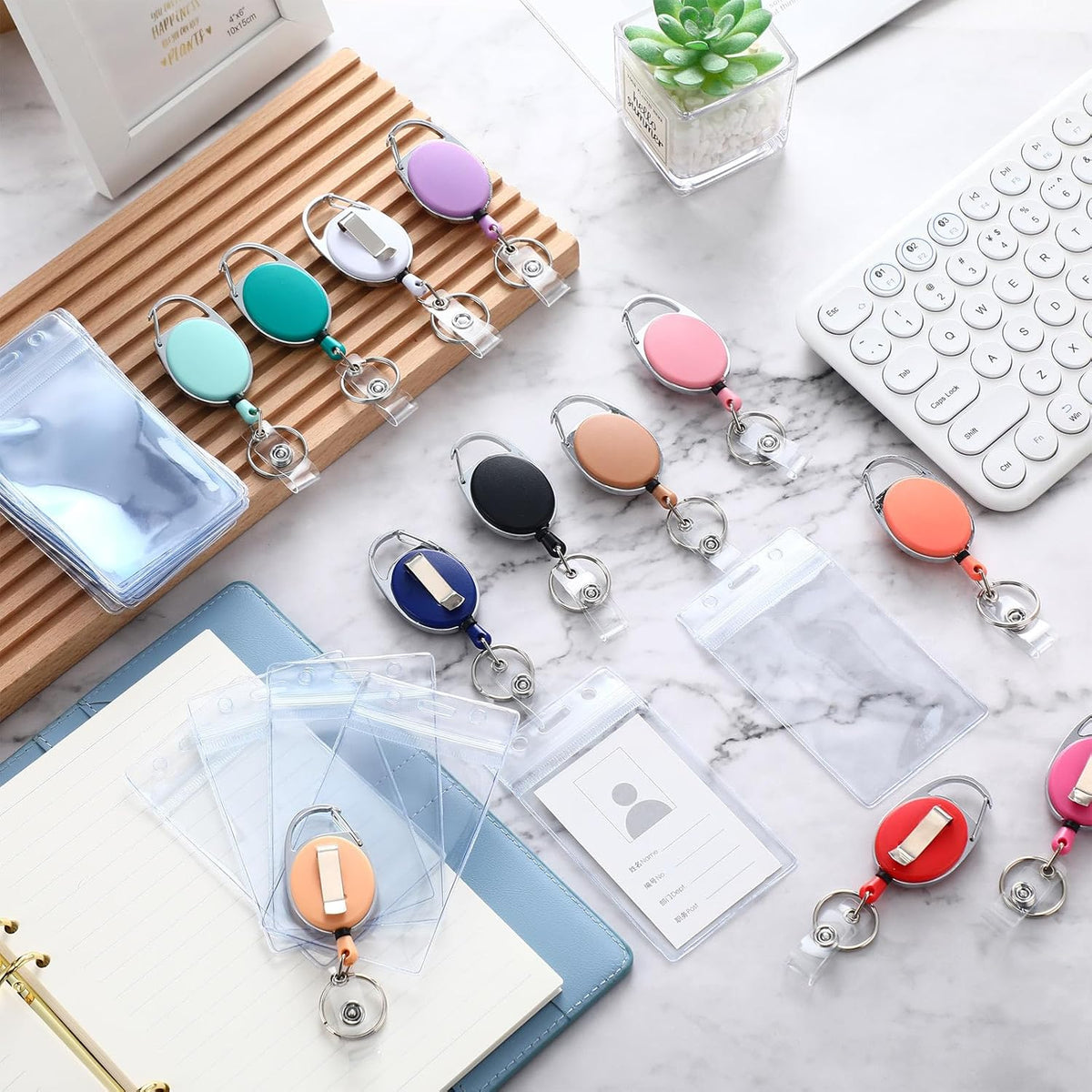 Laumoi 60 Pack Heavy Duty Retractable Badge Holder Reel with Belt Clip Keyring and Waterproof Vertical ID Card Holders for ID Name Card Keychain Badge (Colorful)