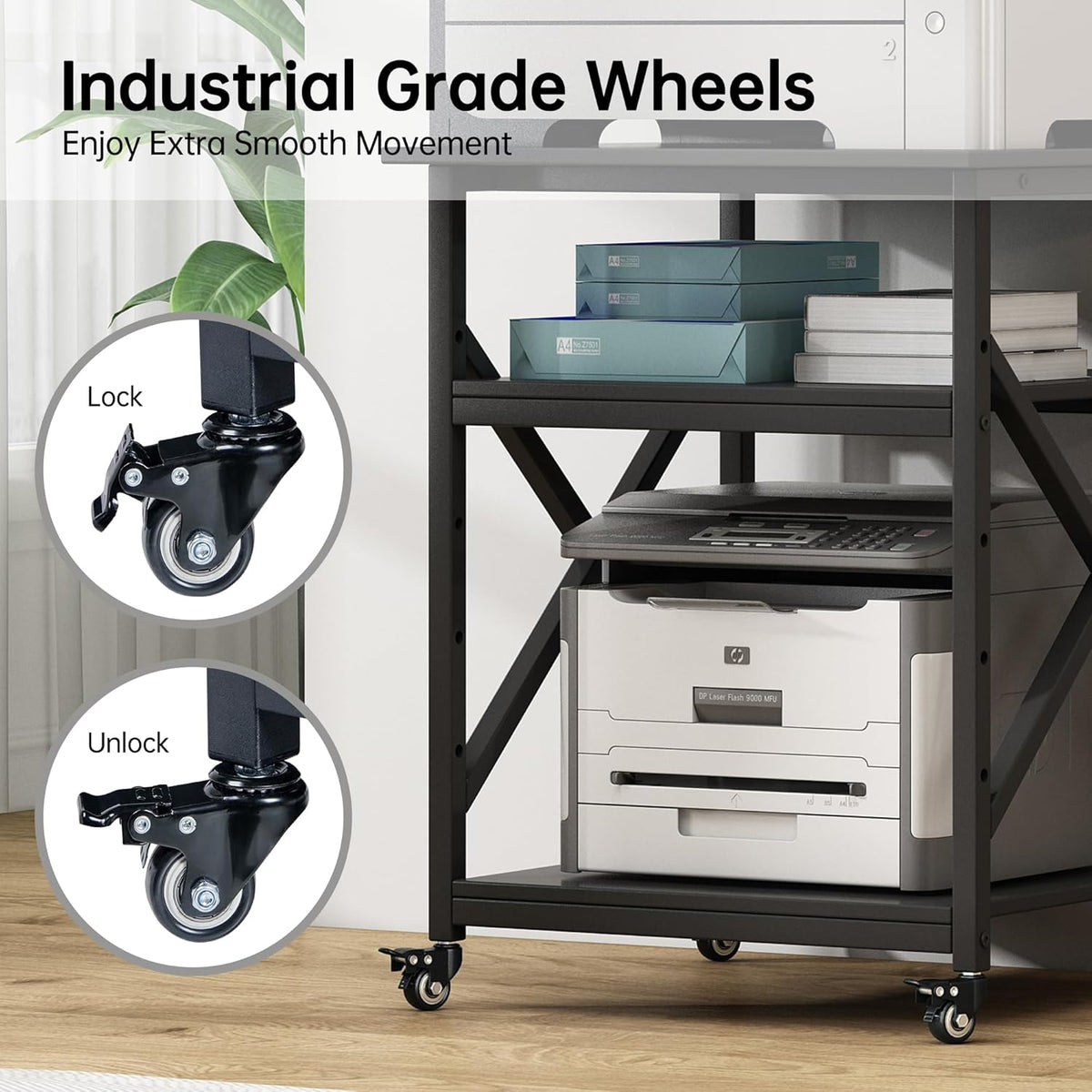 Printer Stand, 23.6 x 23.6 x 30.1 Inches Large Square Printer Table with Height Adjustable Storage Shelf, 3 Tier Rolling Printer Cart with Industrial Wheels for Home Office - Black