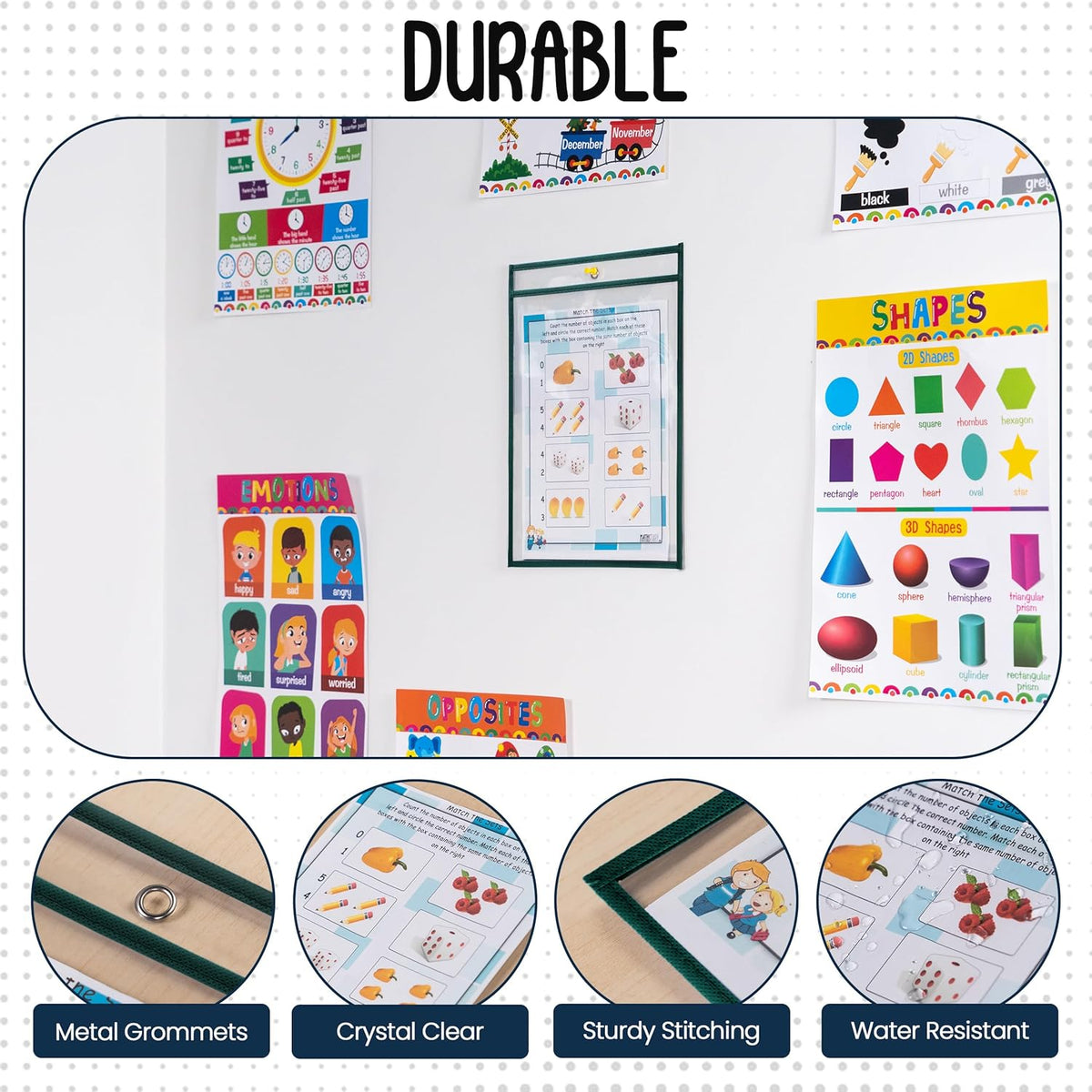 Essex Wares - 6 Pack, Forest Green, Water-Resistant Dry Erase Pocket Document Protectors, 10" Wide x 13.5" Tall - Dry Erase Clear Plastic Sleeves - Reusable & Easy Erase Plastic Invoice Holders