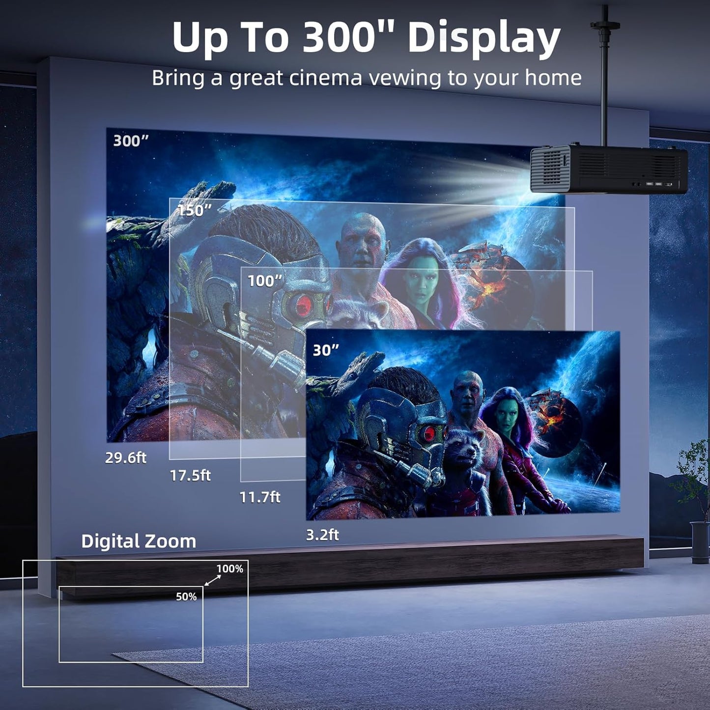 [Electric Focus/Auto Keystone] Projector with WiFi and Bluetooth, Native 1080P 4K Supported,FUDONI Outdoor Movie Projector for Home Theater UP to 300", for iOS/Android/Laptop/TV Stick/HDMI/USB