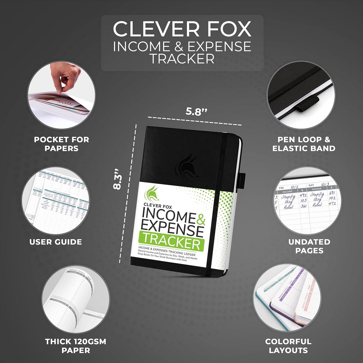 Clever Fox Income & Expense Tracker – Accounting & Bookkeeping Ledger Book for Small Business – 1-Year Record Notebook, A5 (Black)