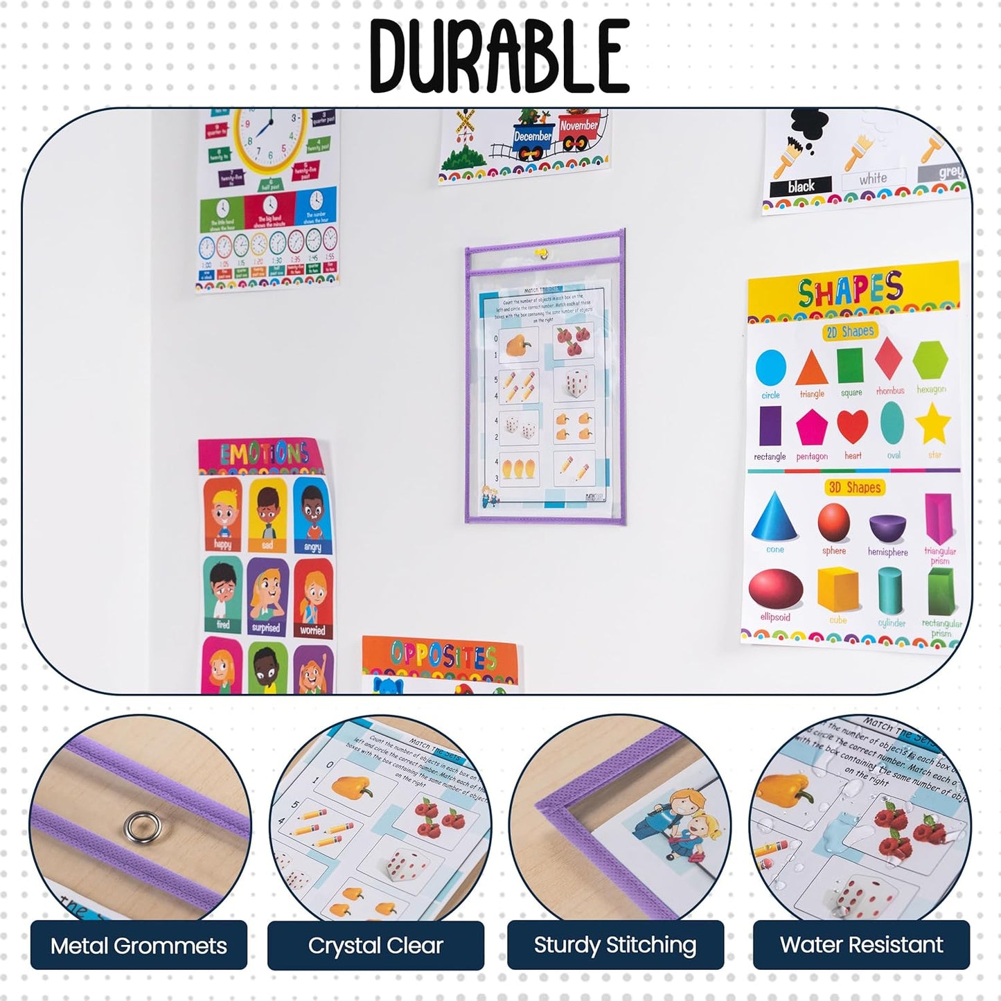 Essex Wares - 6 Pack, Light Purple, Water-Resistant Dry Erase Pocket Document Protectors, 10" Wide x 13.5" Tall - Dry Erase Clear Plastic Sleeves - Reusable & Easy Erase Plastic Invoice Holders