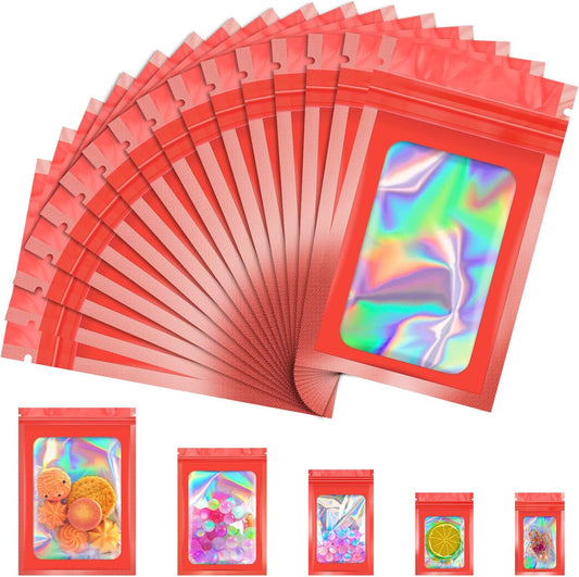 100 Pcs Mylar Bags, Smell Proof Bags Foil Pouch, Holographic Resealable Bags for Small Business, Candy Sample Jewelry Bag Sealable Packaging for Party Favor Food Storage (2.4x3.9in-Red)